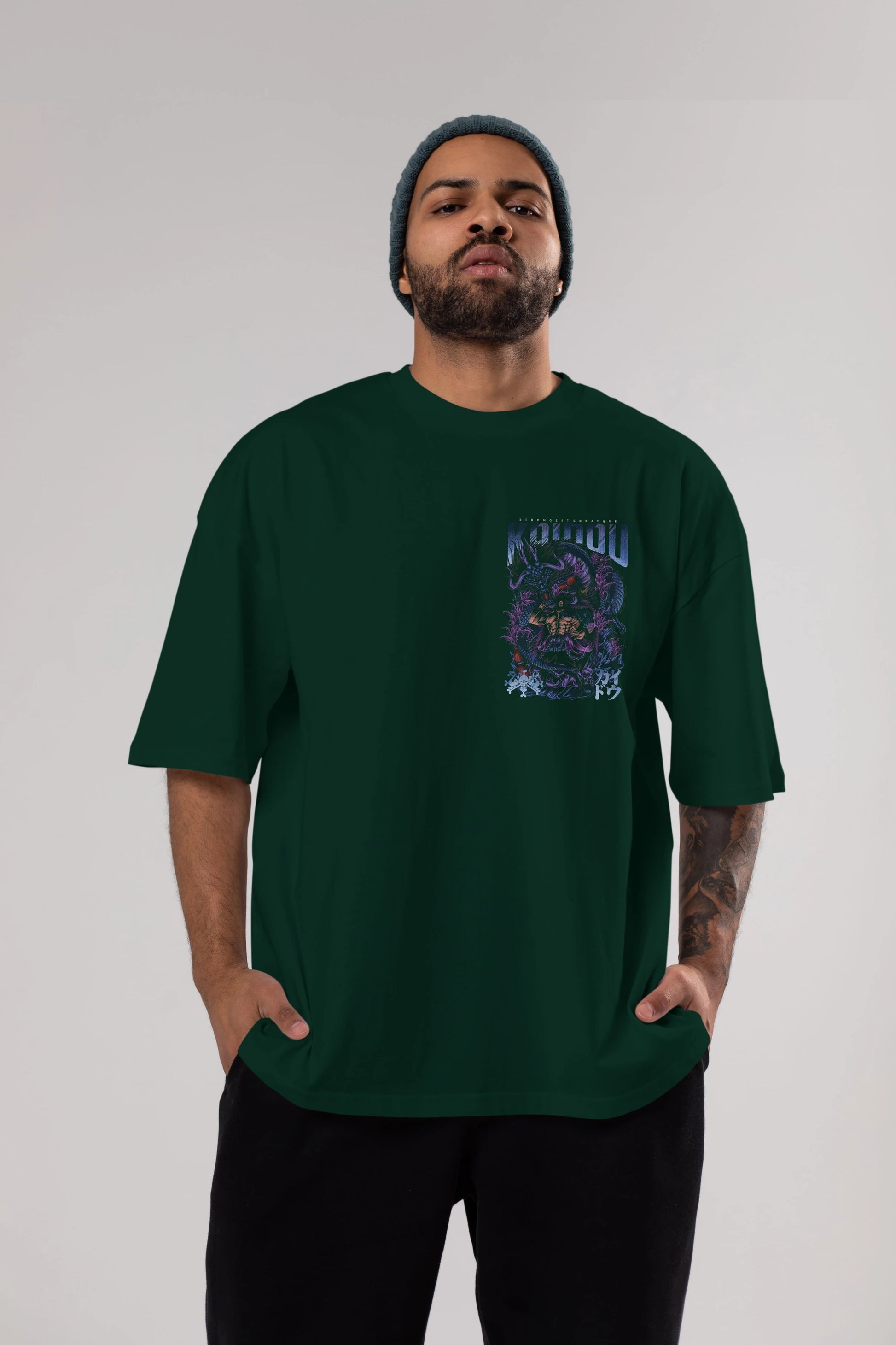 KAIDOU ONE PIECE Ön Sol Baskılı Oversize t-shirt Erkek Kadın Unisex %100 Pamuk Bisiklet Yaka tişort