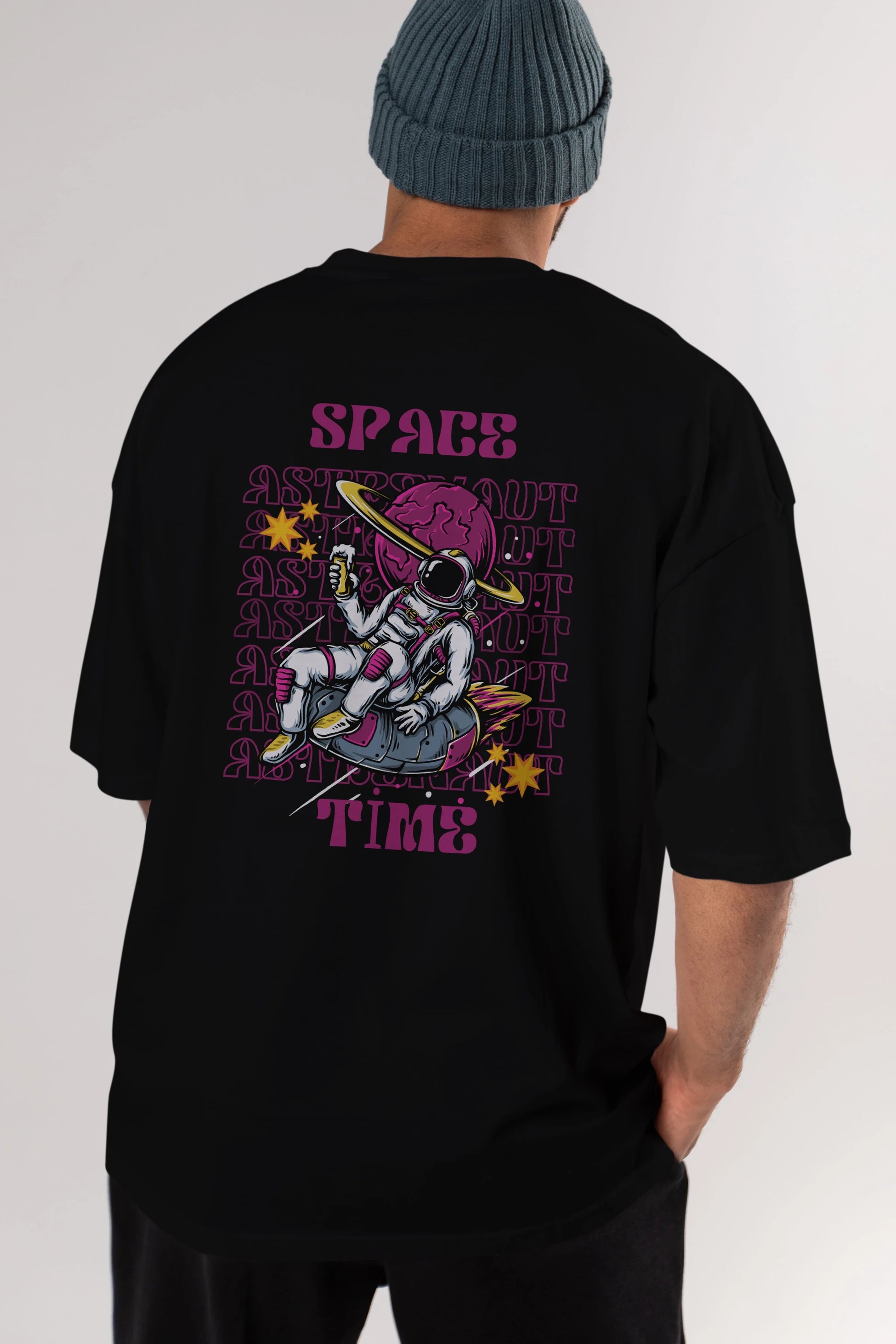 Space Time Astronaut Yazılı Arka Baskılı Oversize t-shirt Erkek Kadın Unisex