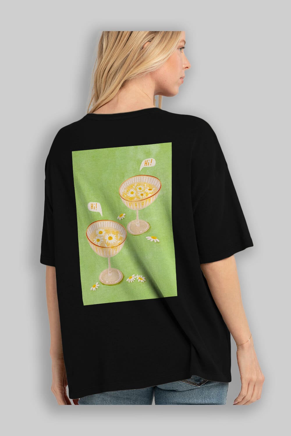Hi Cheers Arka Baskılı Oversize t-shirt Erkek Kadın Unisex %100 Pamuk Bisiklet Yaka tişort