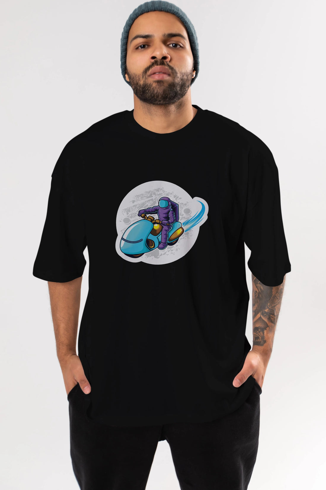 Astrorider in Space Sticker Ön Baskılı Oversize t-shirt Erkek Kadın Unisex