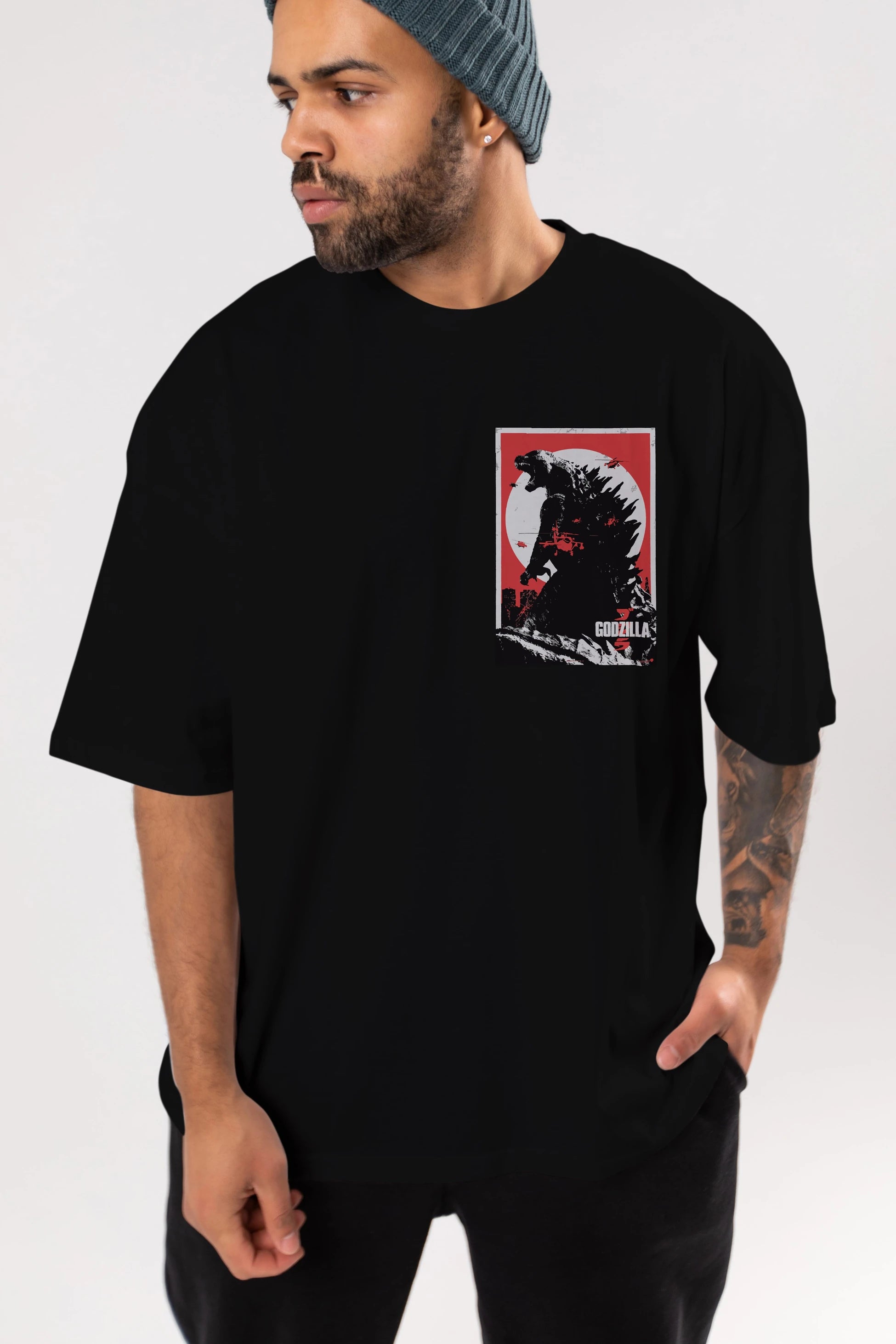 Godzilla (2) Ön Sol Baskılı Oversize t-shirt Erkek Kadın Unisex %100 Pamuk Bisiklet Yaka tişort
