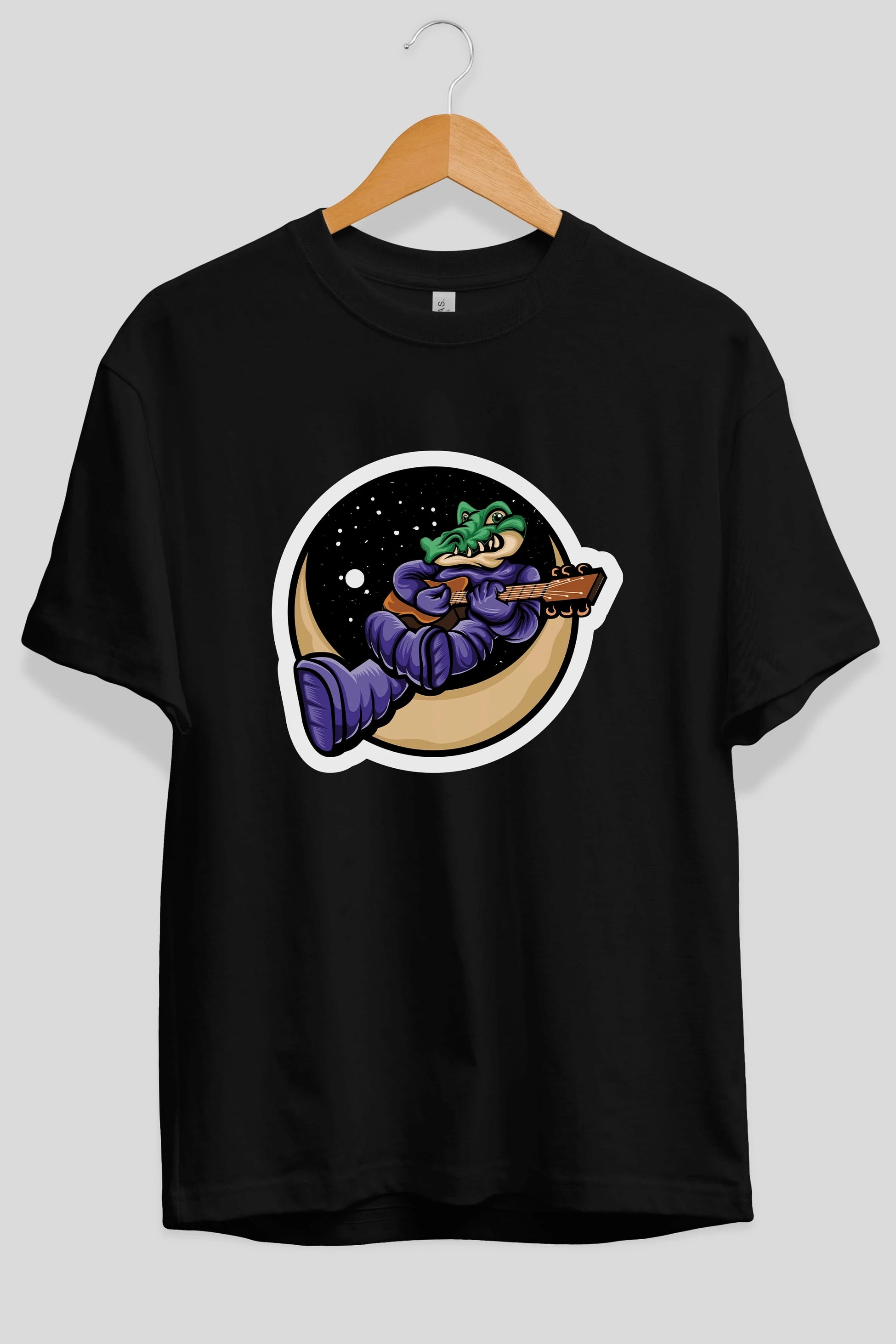 Space Crocodile Sticker Ön Baskılı Oversize t-shirt Erkek Kadın Unisex