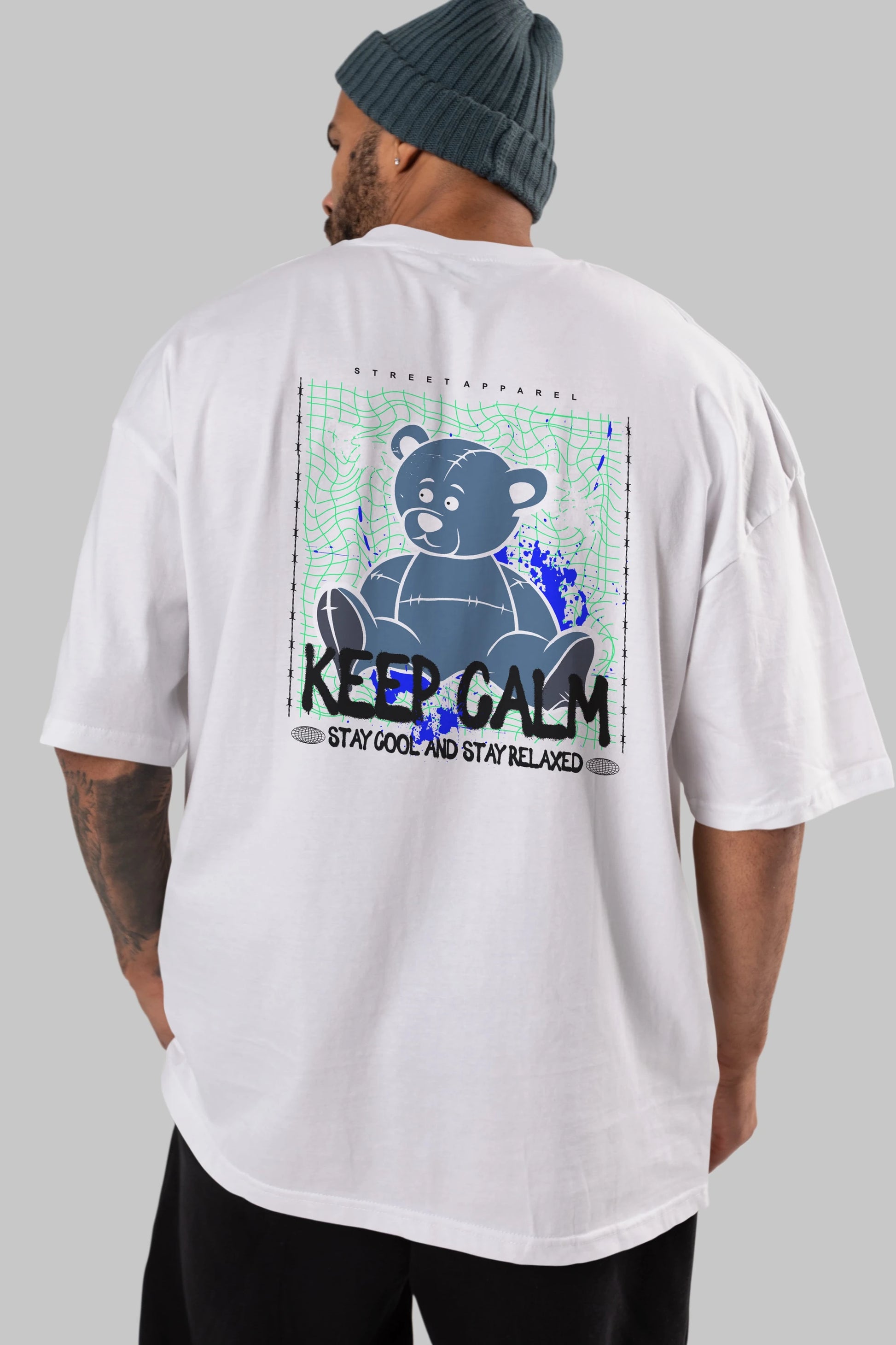 Keep Calm Bear Arka Baskılı Oversize t-shirt Erkek Kadın Unisex
