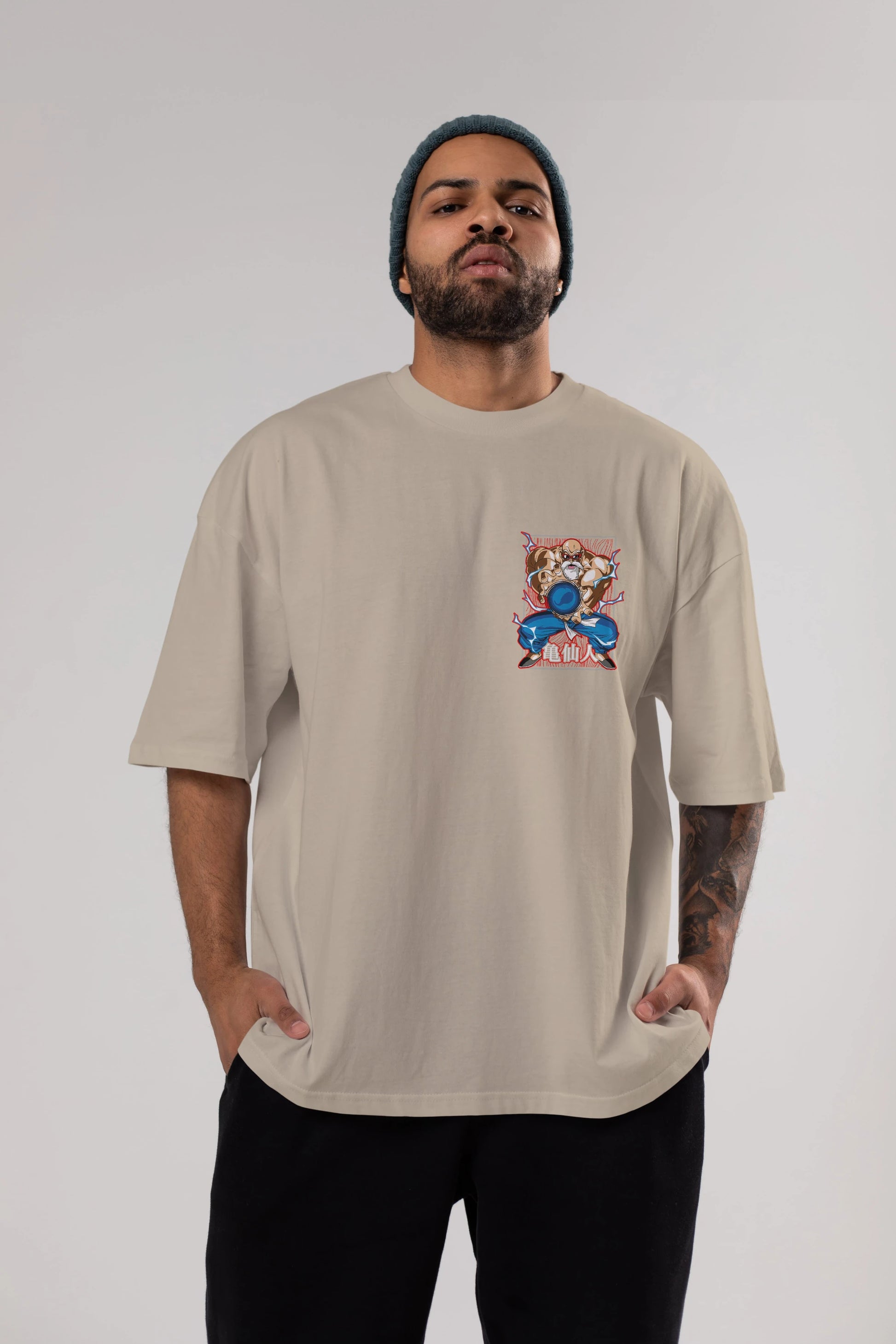 DragonBall MaestroRoshi Ön Sol Baskılı Oversize t-shirt Erkek Kadın Unisex %100 Pamuk Bisiklet Yaka tişort