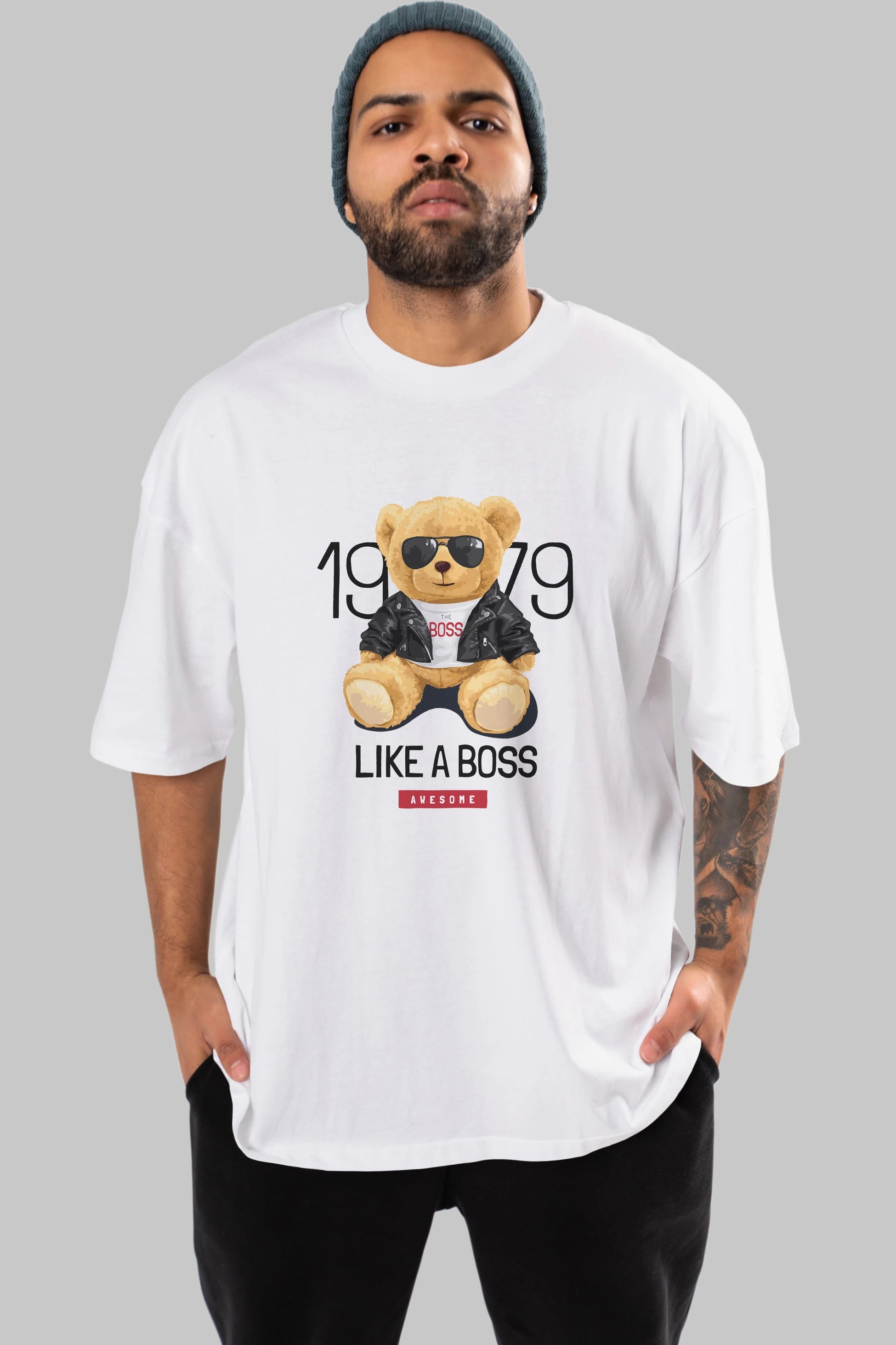 Teddy Bear Like A Boss Ön Baskılı Oversize t-shirt Erkek Kadın Unisex %100 Pamuk