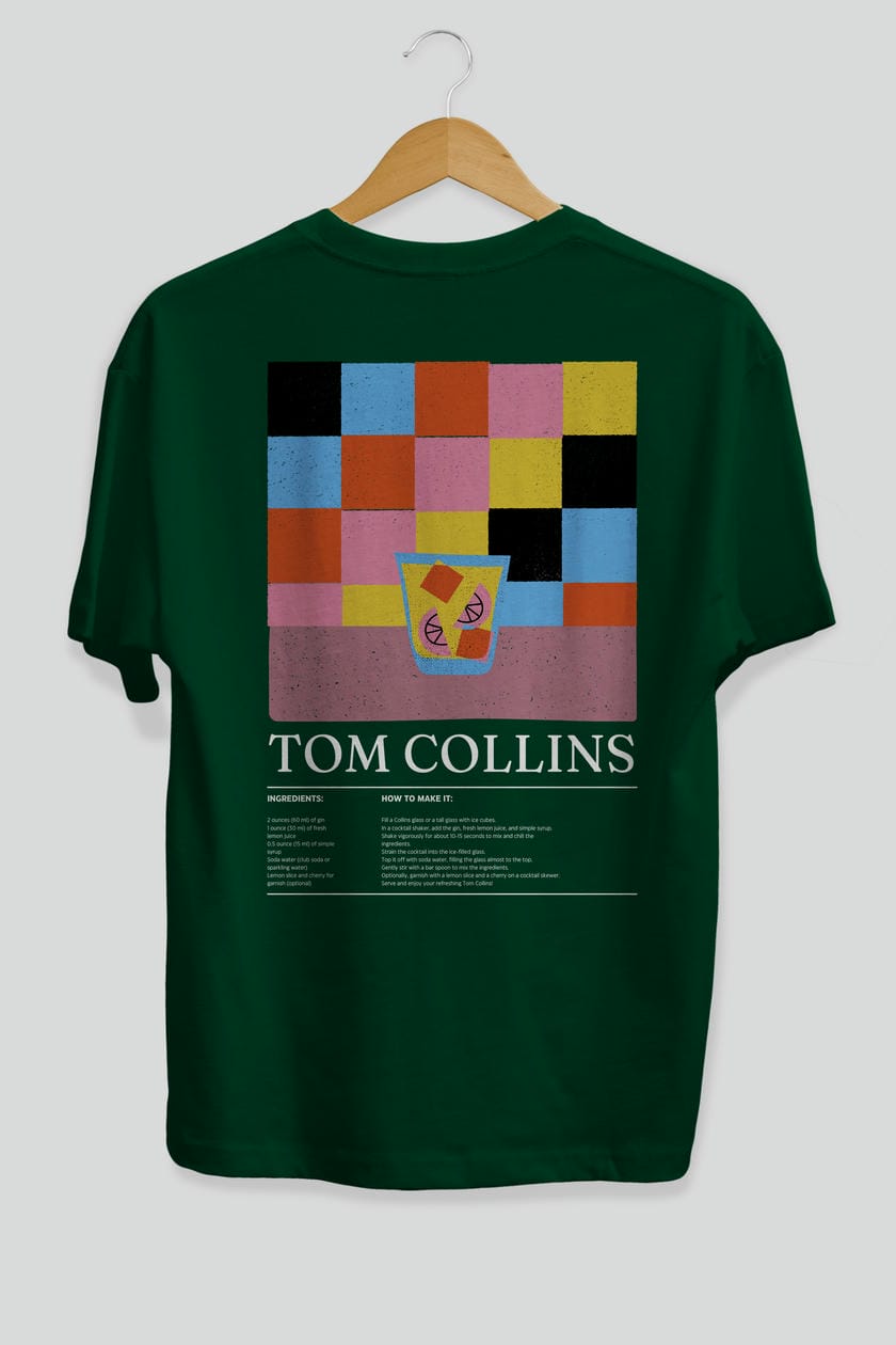 Tom Collins Kokteyl Serisi Arka Baskılı Oversize t-shirt Erkek Kadın %100 Pamuk Bisiklet Yaka tişort