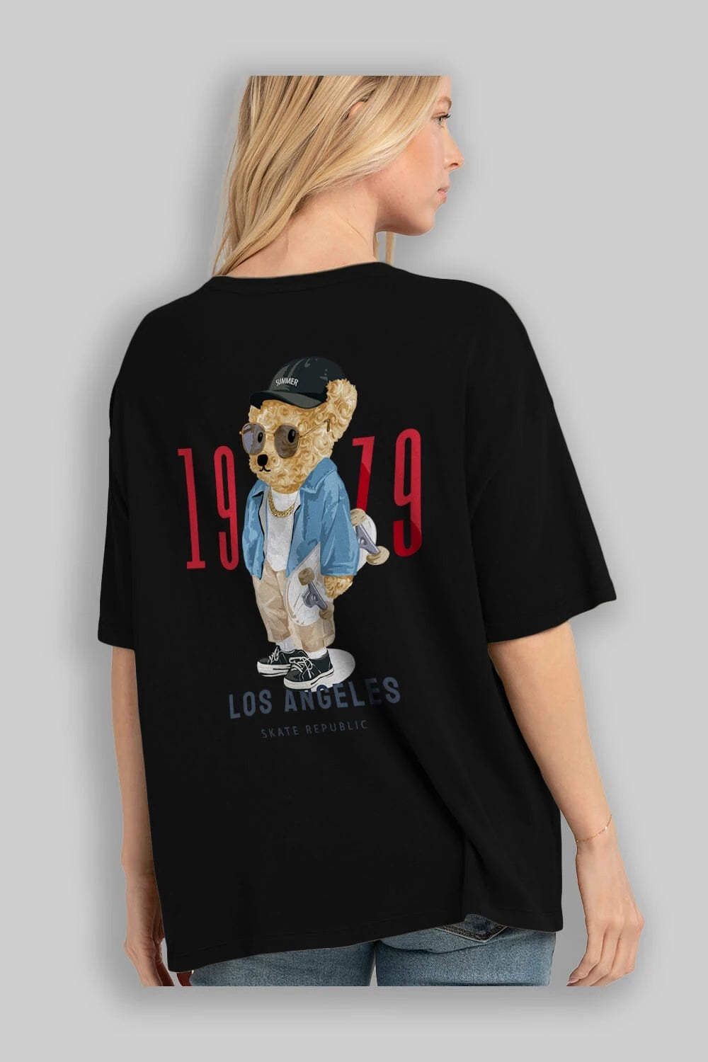 Teddy Bear Los Angeles Arka Baskılı Oversize t-shirt Erkek Kadın Unisex %100 Pamuk
