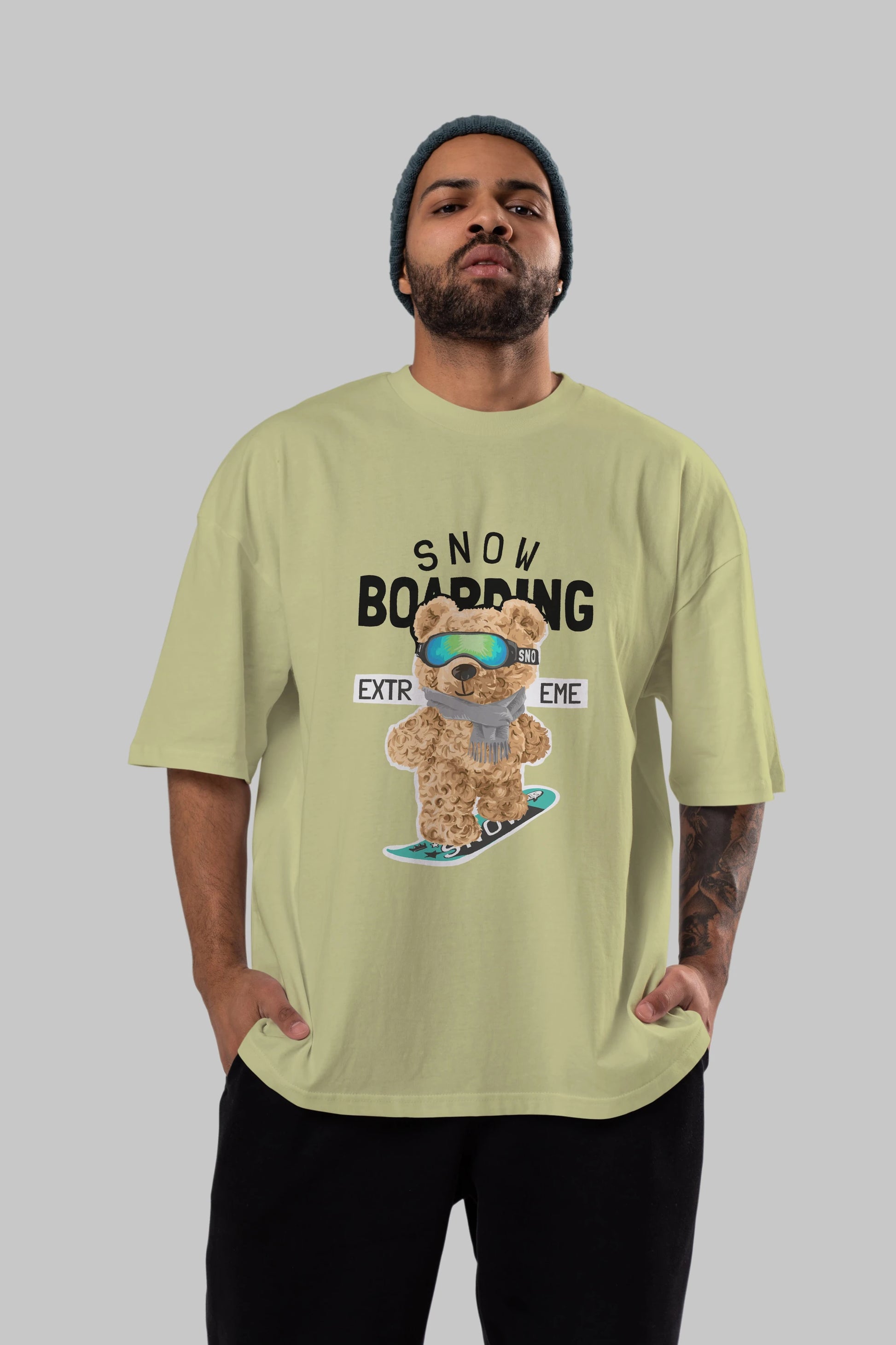 Teddy Bear Snow Boarding Ön Baskılı Oversize t-shirt Erkek Kadın Unisex %100 Pamuk