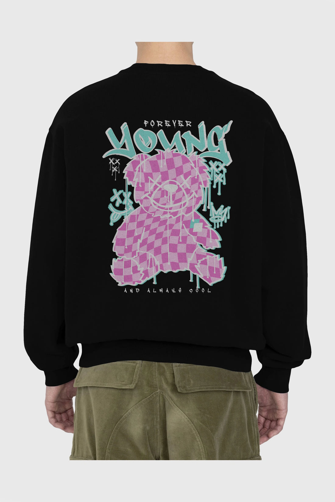 Young and Always Cool Bear Arka Baskılı Oversize Sweatshirt Erkek Kadın Unisex