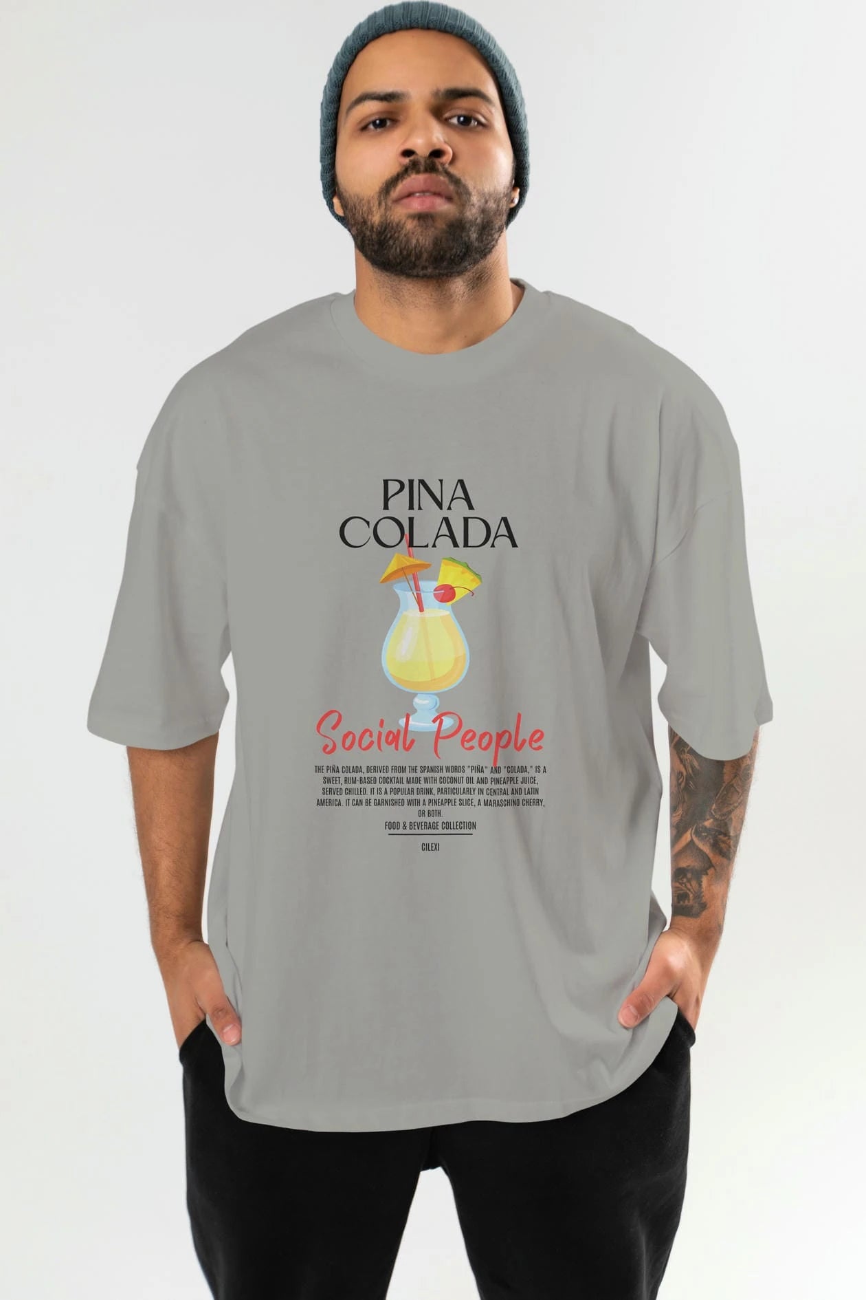 Pına Colada Kokteyl Serisi ön Baskılı Oversize t-shirt Erkek Kadın %100 Pamuk Bisiklet Yaka tişort