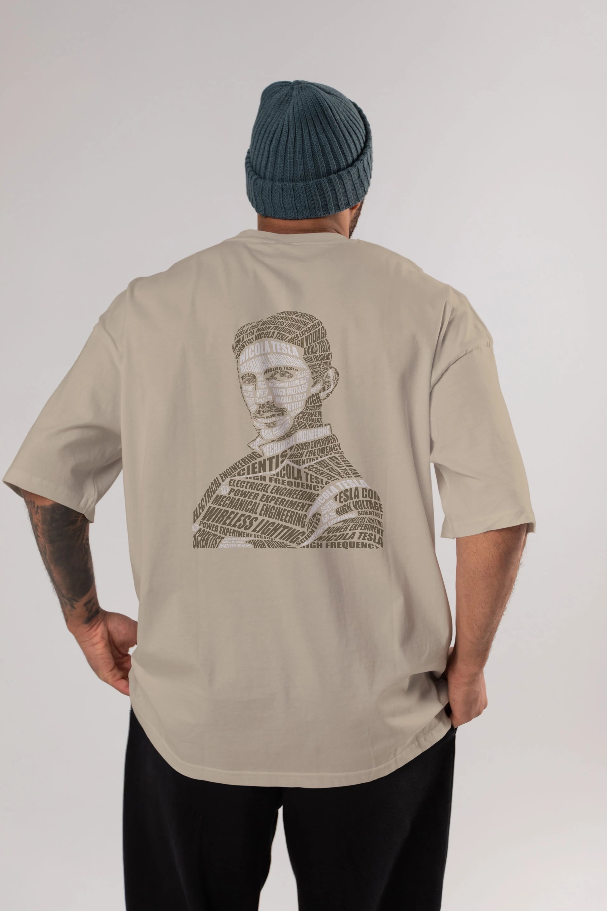 Nikola Tesla Calligram Arka Baskılı Oversize t-shirt %100 pamuk Erkek Kadın Unisex