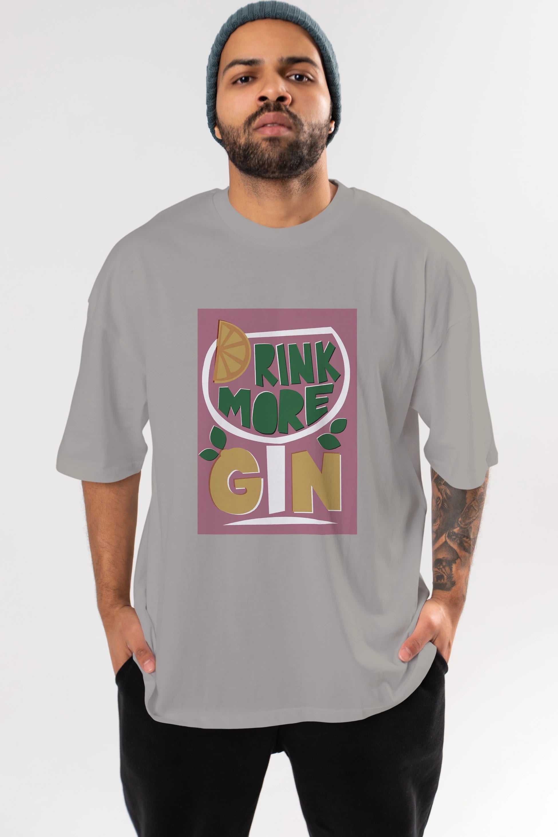 Drink More Gin Ön Baskılı Oversize t-shirt Erkek Kadın Unisex %100 Pamuk Bisiklet Yaka tişort