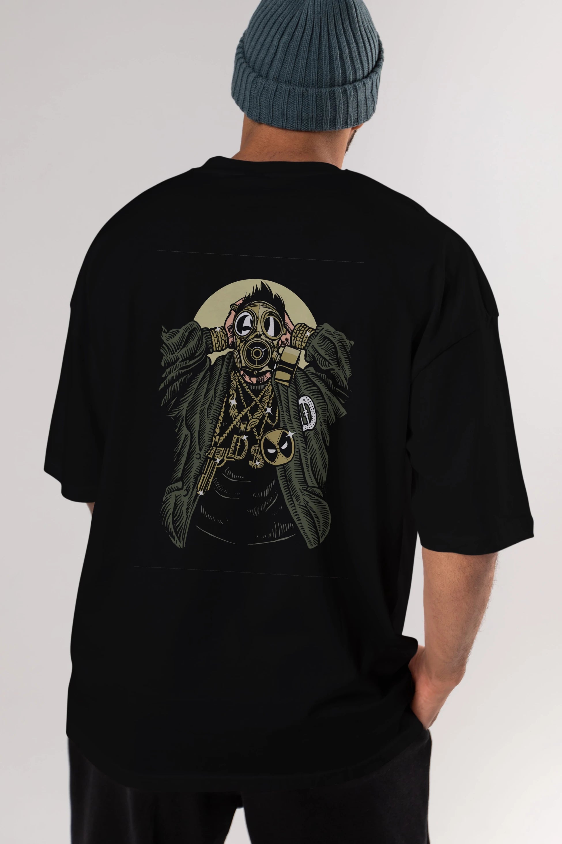 Gasmask Gangsta Arka Baskılı Oversize t-shirt Erkek Kadın Unisex %100 Pamuk