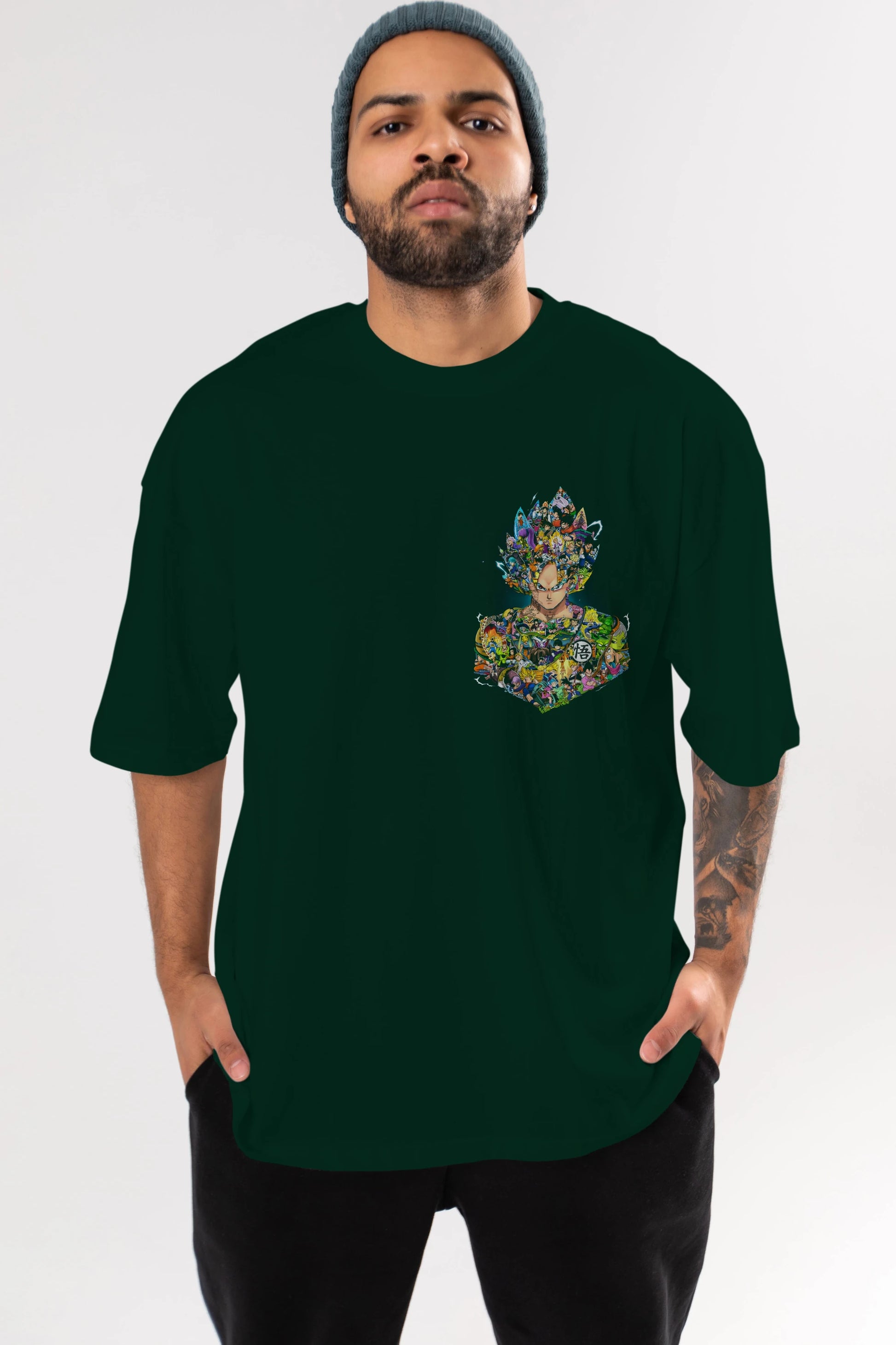 DRAGON BALL ART Ön Sol Baskılı Oversize t-shirt Erkek Kadın Unisex %100 Pamuk Bisiklet Yaka tişort