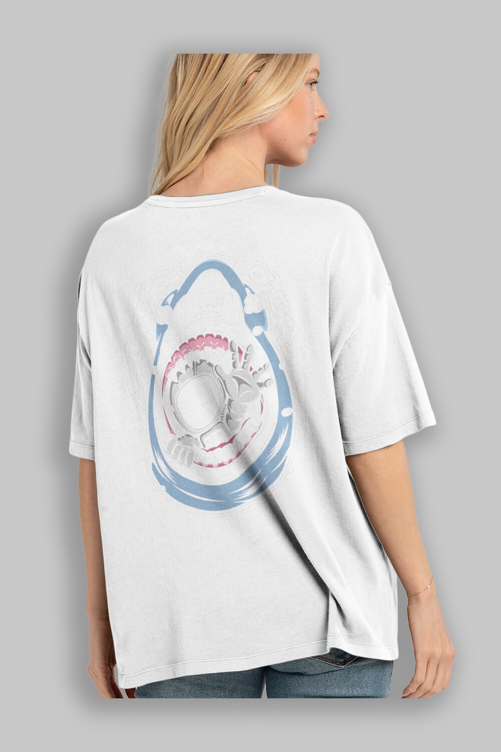 Astronaut Shark Arka Baskılı Oversize t-shirt Erkek Kadın Unisex