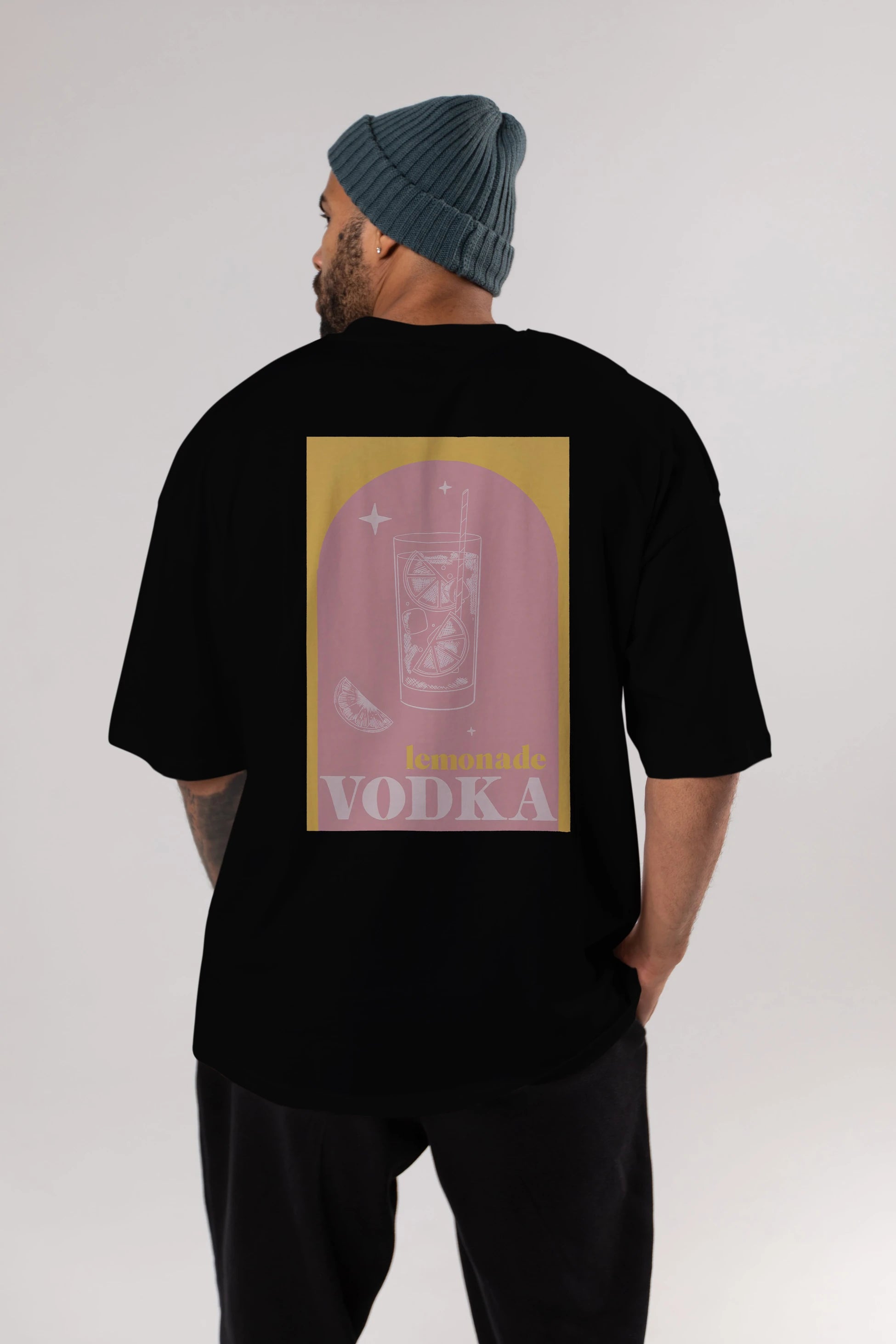 Vodka Limon Arka Baskılı Oversize t-shirt Erkek Kadın Unisex %100 Pamuk Bisiklet Yaka tişort