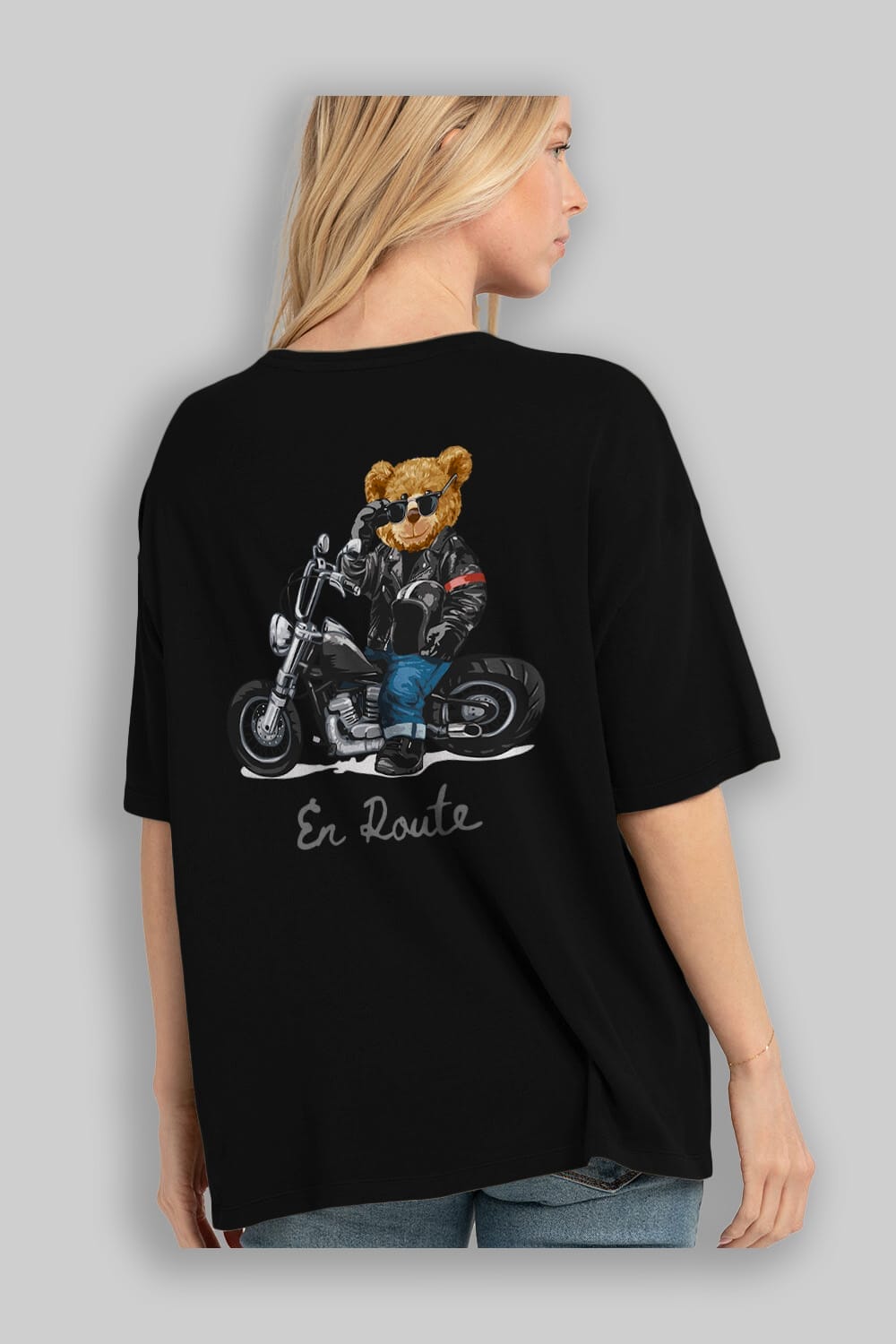 Teddy Bear En Route Arka Baskılı Oversize t-shirt Erkek Kadın Unisex %100 Pamuk