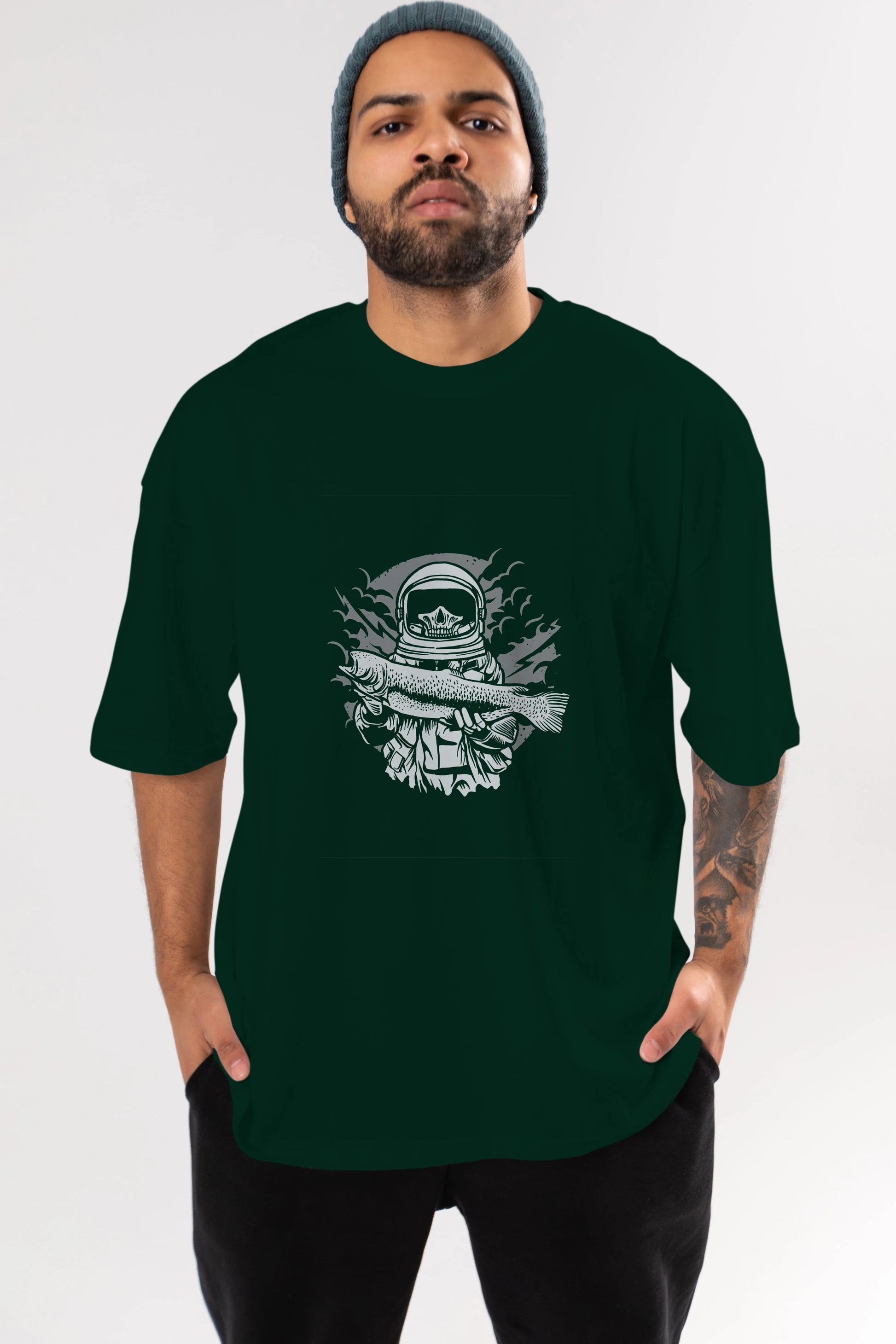 Astronaut Fishing Ön Baskılı Oversize t-shirt Erkek Kadın Unisex %100 Pamuk tişort