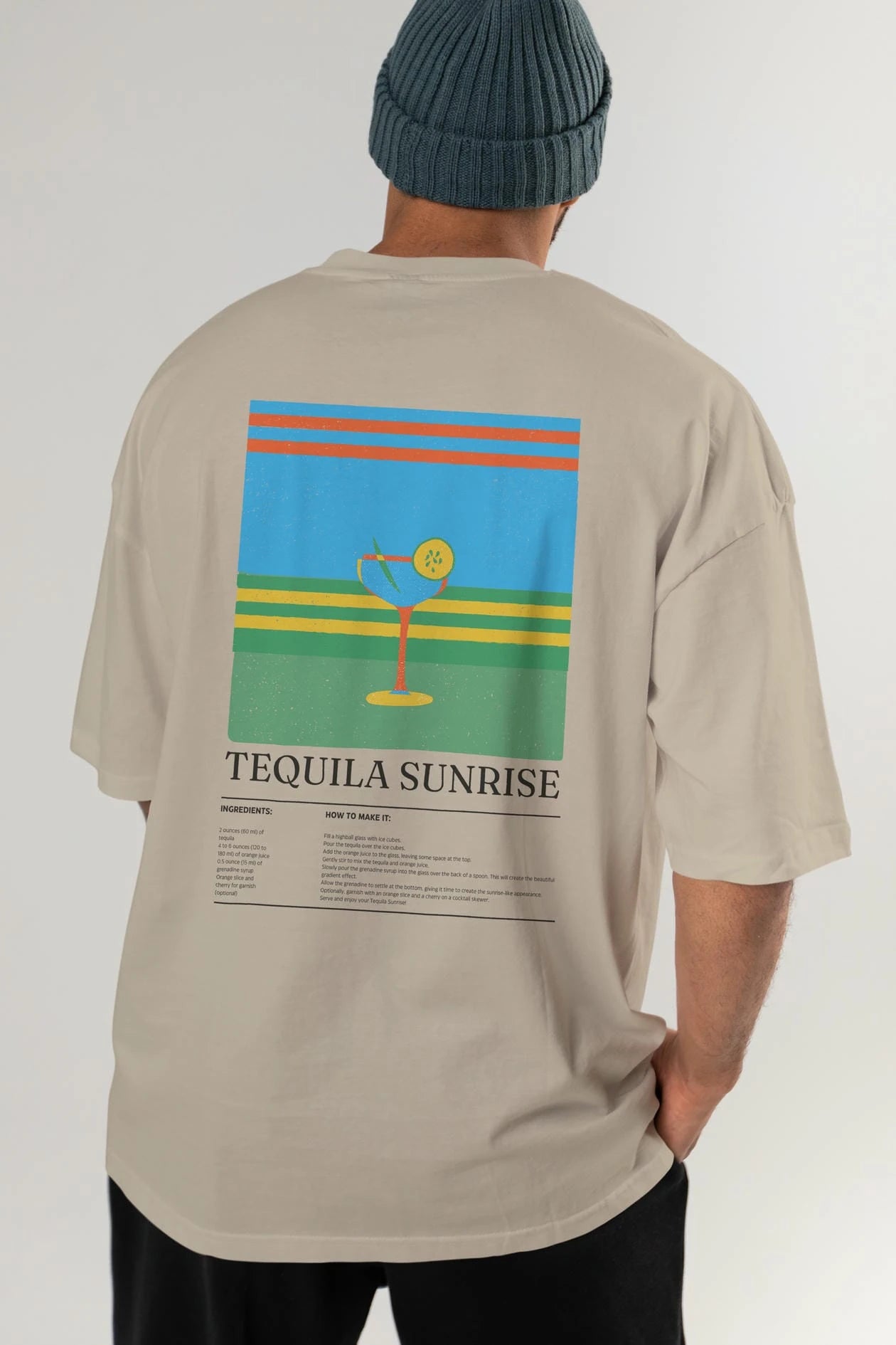 Tequila Sunrise Kokteyl Serisi Arka Baskılı Oversize t-shirt Erkek Kadın %100 Pamuk Bisiklet Yaka tişort