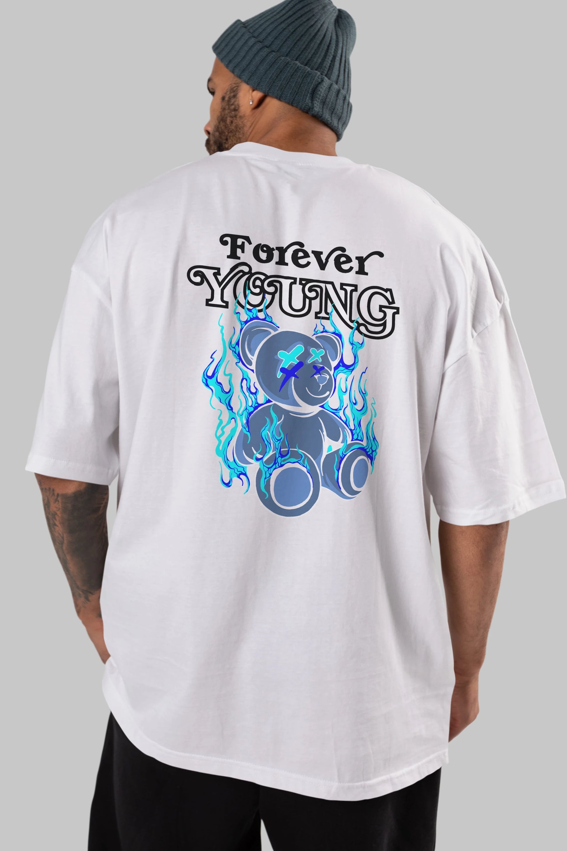 Forever Young Bear Arka Baskılı Oversize t-shirt Erkek Kadın Unisex