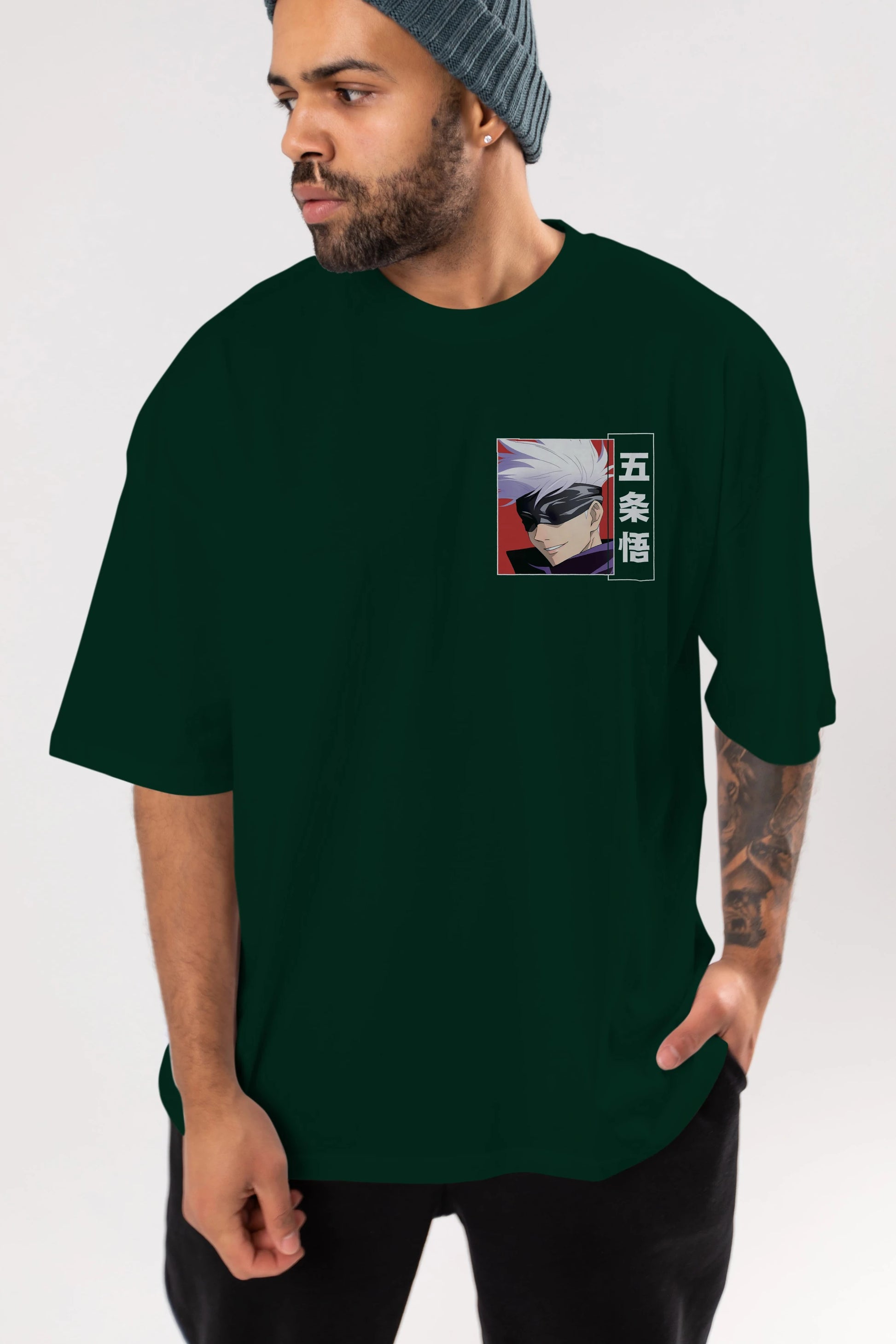 SATORU GOJO Ön Sol Baskılı Oversize t-shirt Erkek Kadın Unisex %100 Pamuk Bisiklet Yaka tişort