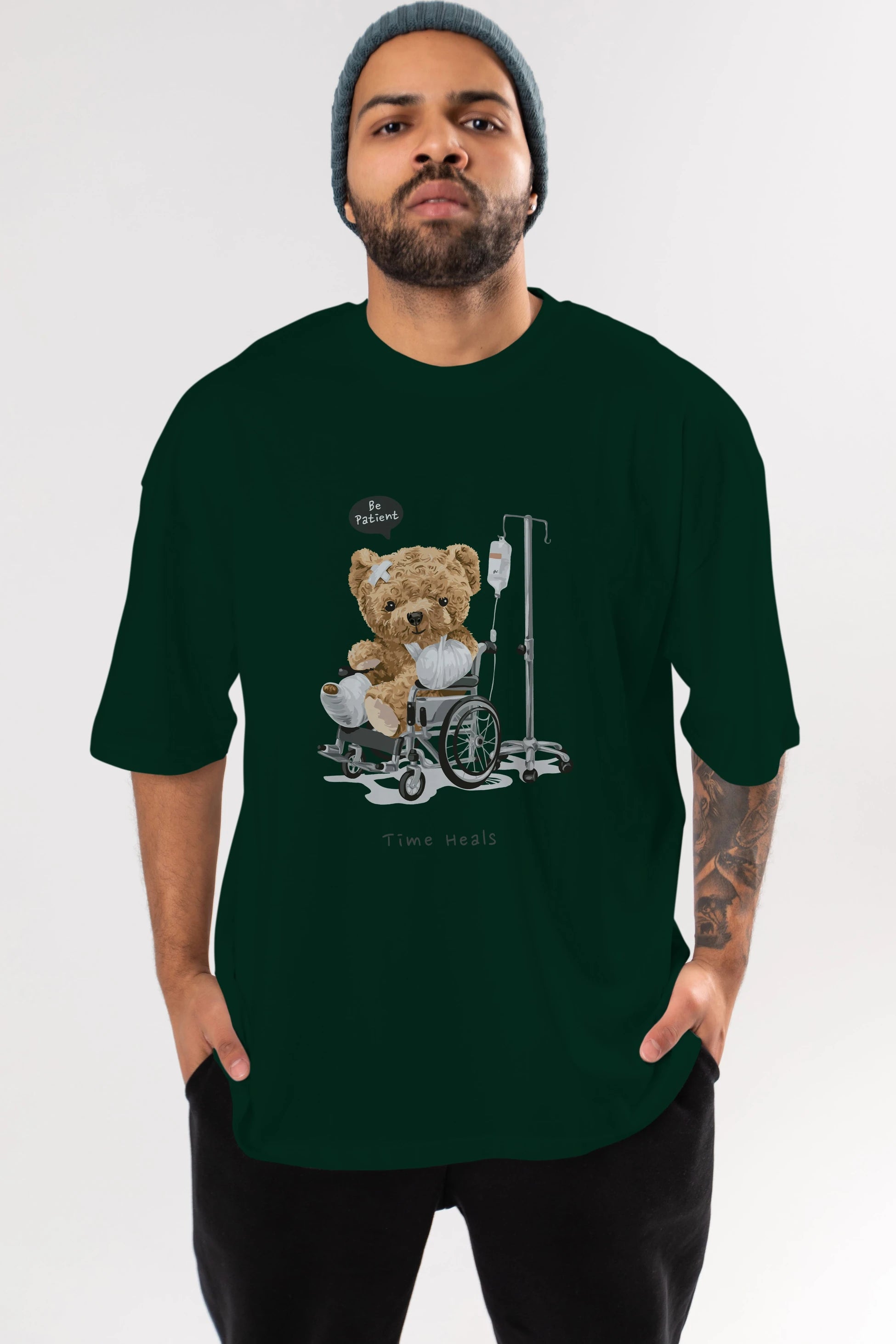 Teddy Bear Time Heals Ön Baskılı Oversize t-shirt Erkek Kadın Unisex %100 Pamuk