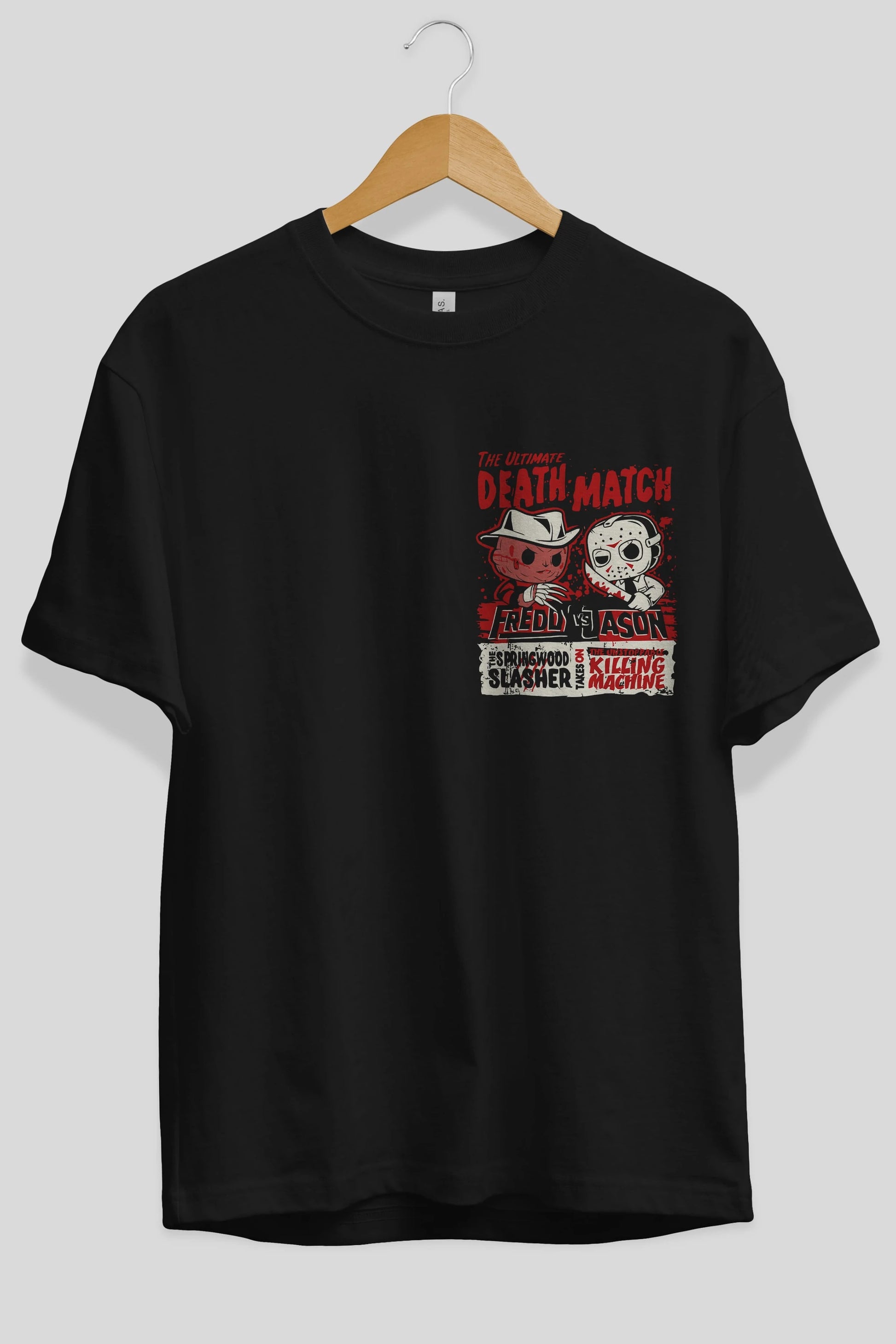 Freddy vs Jason Ön Sol Baskılı Oversize t-shirt Erkek Kadın Unisex %100 Pamuk Bisiklet Yaka tişort