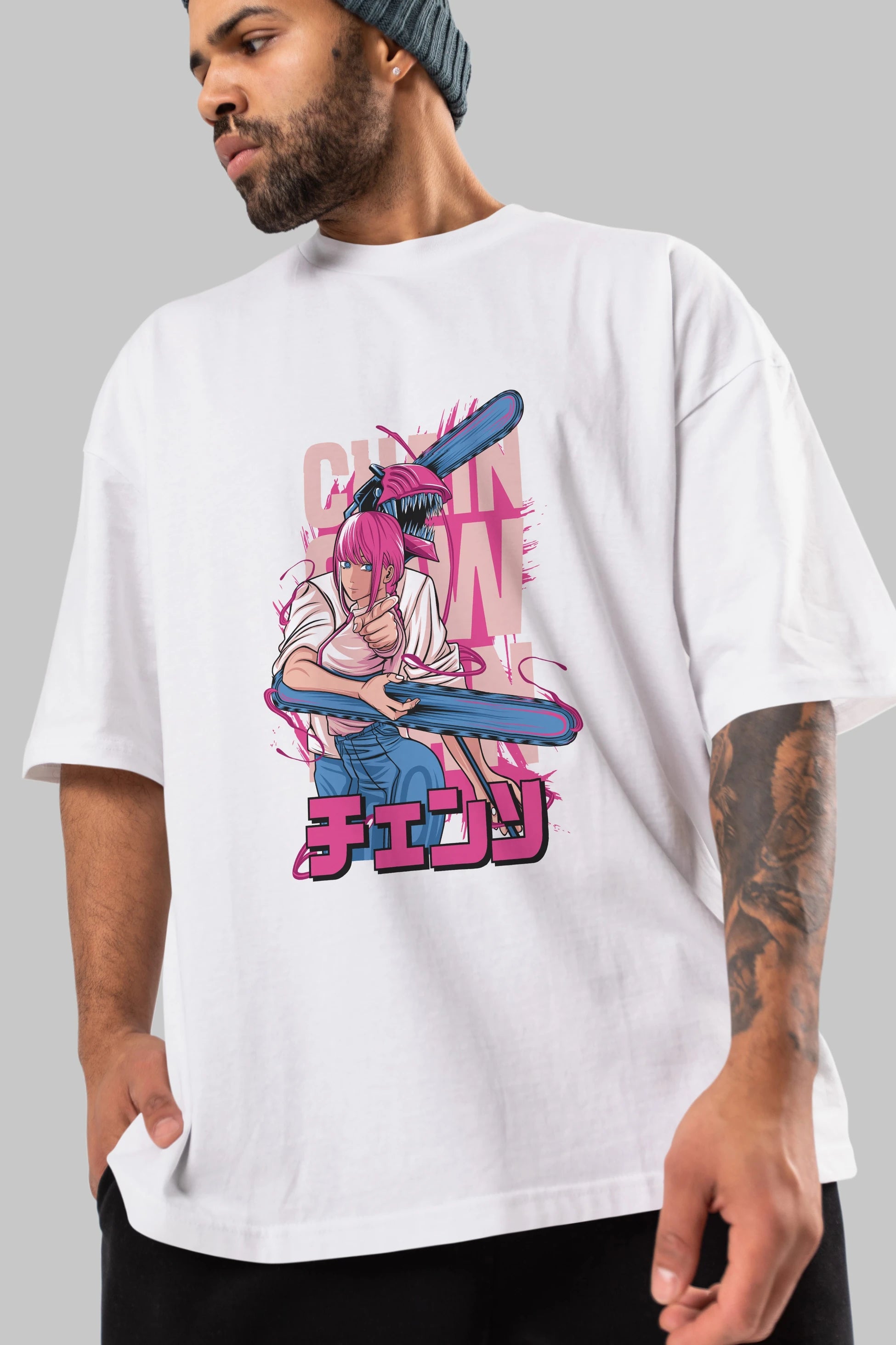 DENJI and MAKIMA Anime Ön Baskılı Oversize t-shirt %100 pamuk Erkek Kadın Unisex