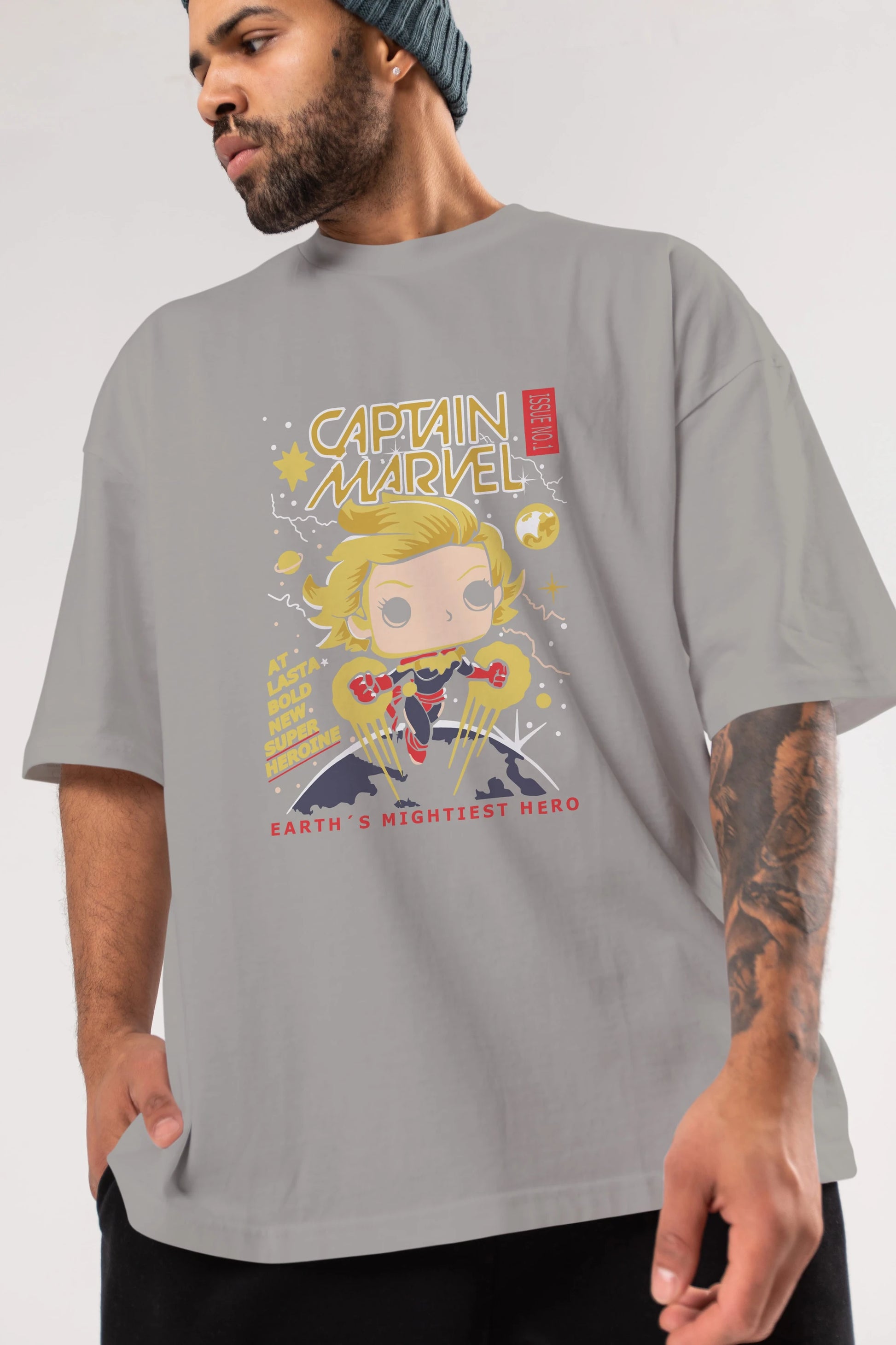 Captain Marvel Ön Baskılı Oversize t-shirt Erkek Kadın Unisex %100 Pamuk Bisiklet Yaka tişort