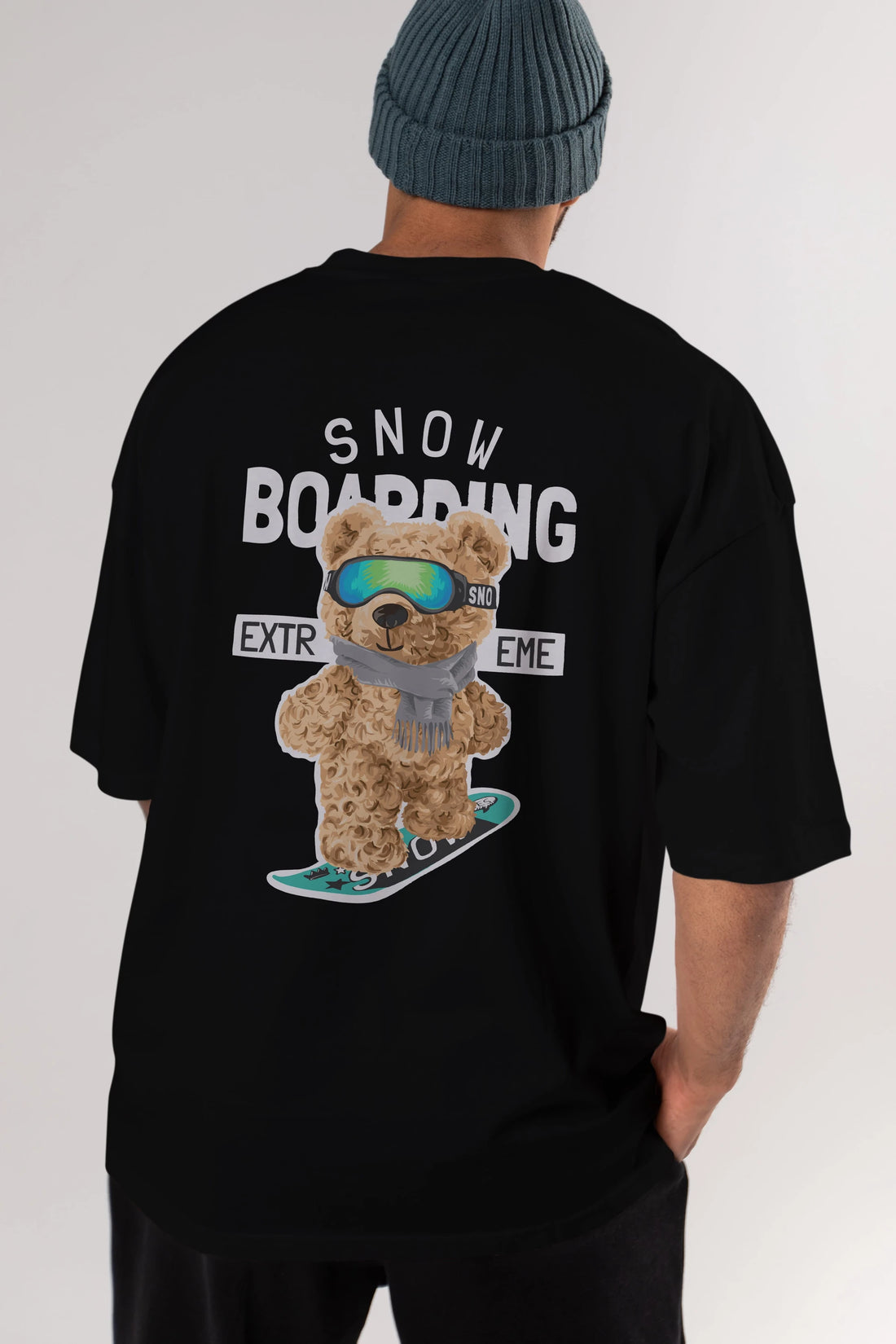 Teddy Bear Snow Boarding Arka Baskılı Oversize t-shirt Erkek Kadın Unisex %100 Pamuk
