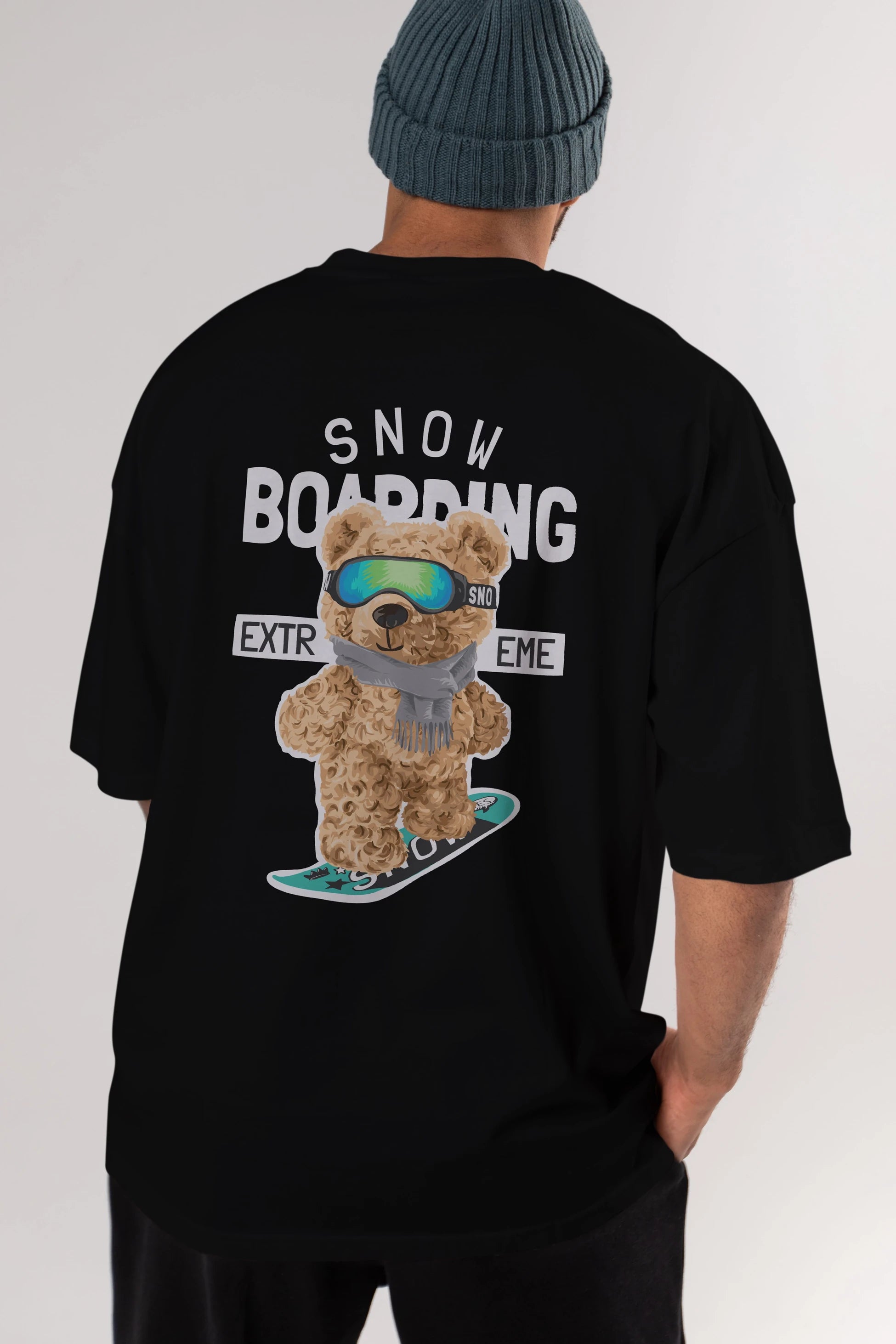 Teddy Bear Snow Boarding Arka Baskılı Oversize t-shirt Erkek Kadın Unisex %100 Pamuk