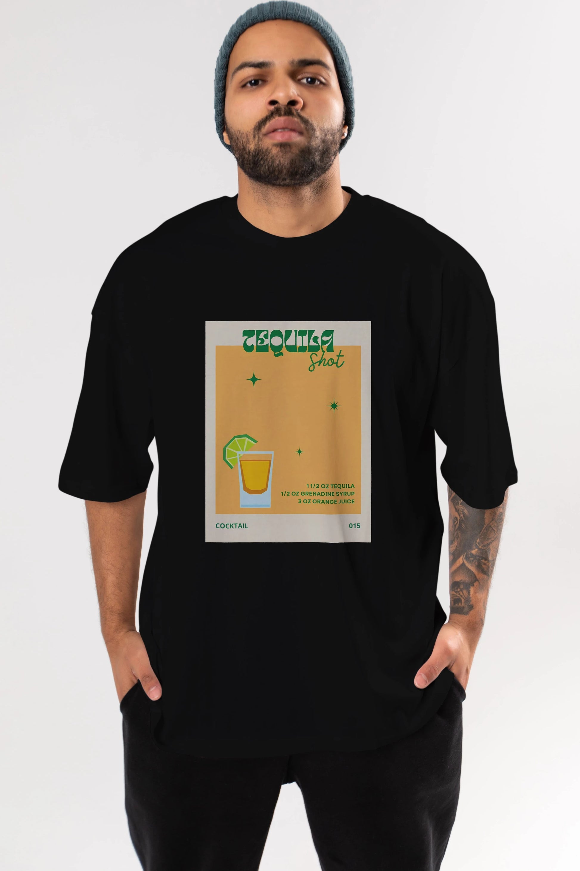 Tequila Shot 2 Ön Baskılı Oversize t-shirt Erkek Kadın Unisex %100 Pamuk Bisiklet Yaka tişort