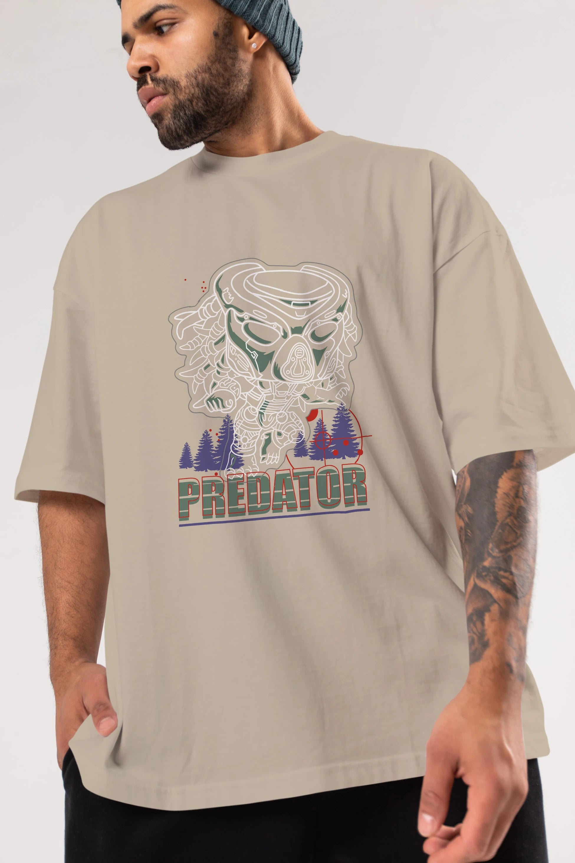 Predator Ön Baskılı Oversize t-shirt Erkek Kadın Unisex %100 Pamuk Bisiklet Yaka tişort
