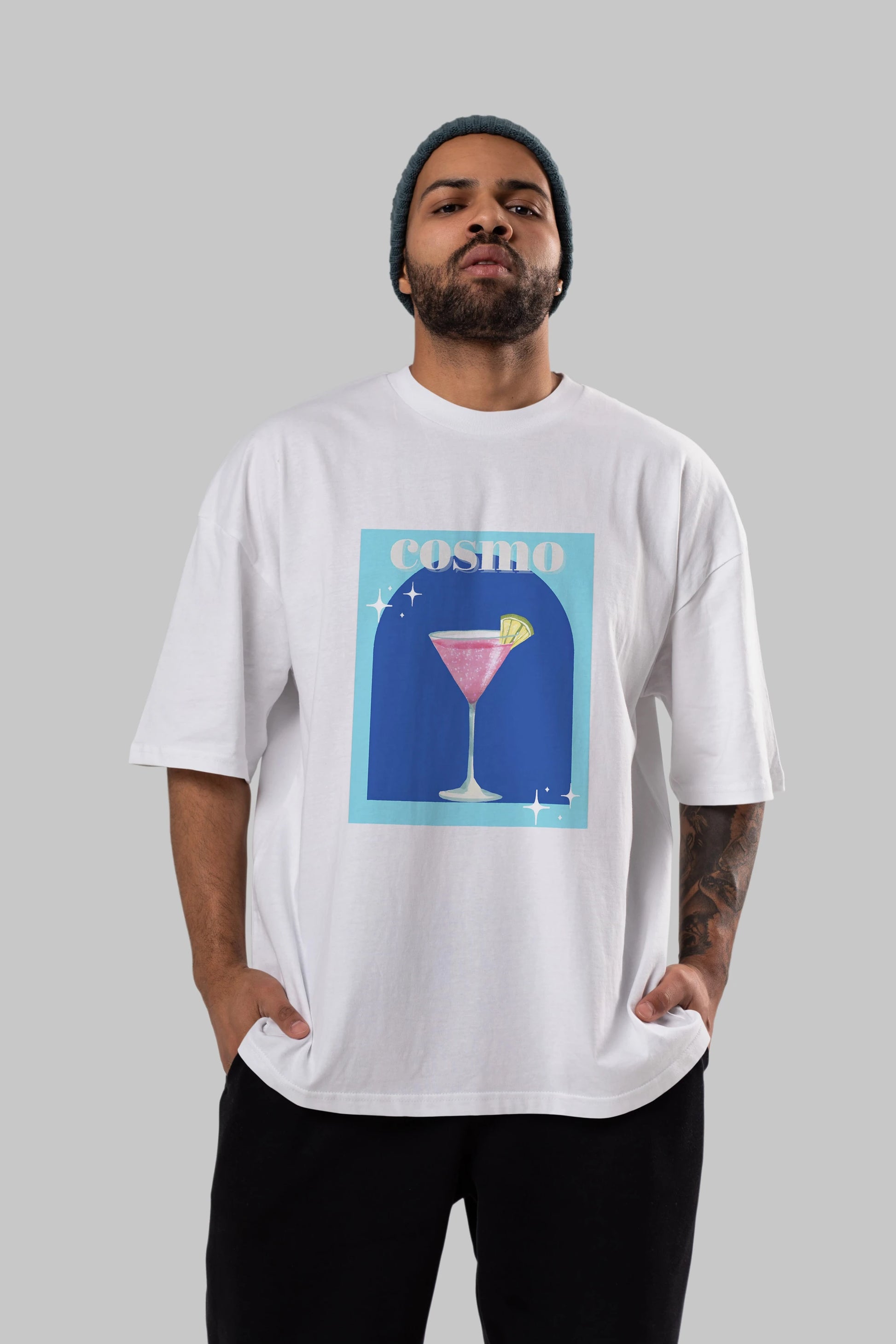 Cosmopolitan 2 Ön Baskılı Oversize t-shirt Erkek Kadın Unisex %100 Pamuk Bisiklet Yaka tişort