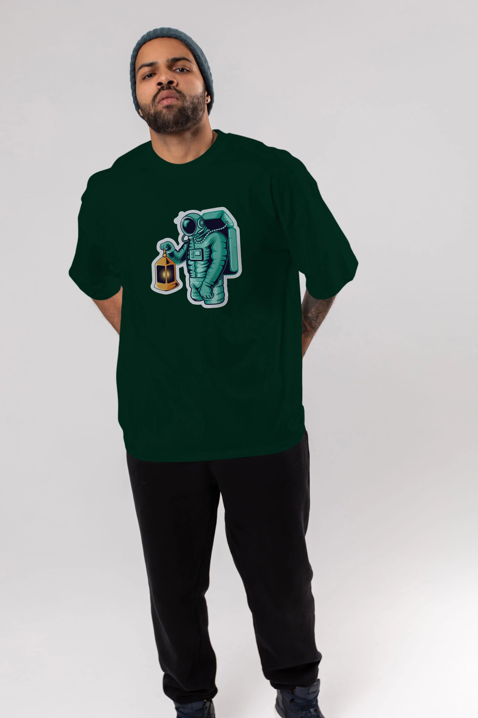 Astronaut Lantern Sticker Ön Baskılı Oversize t-shirt Erkek Kadın Unisex