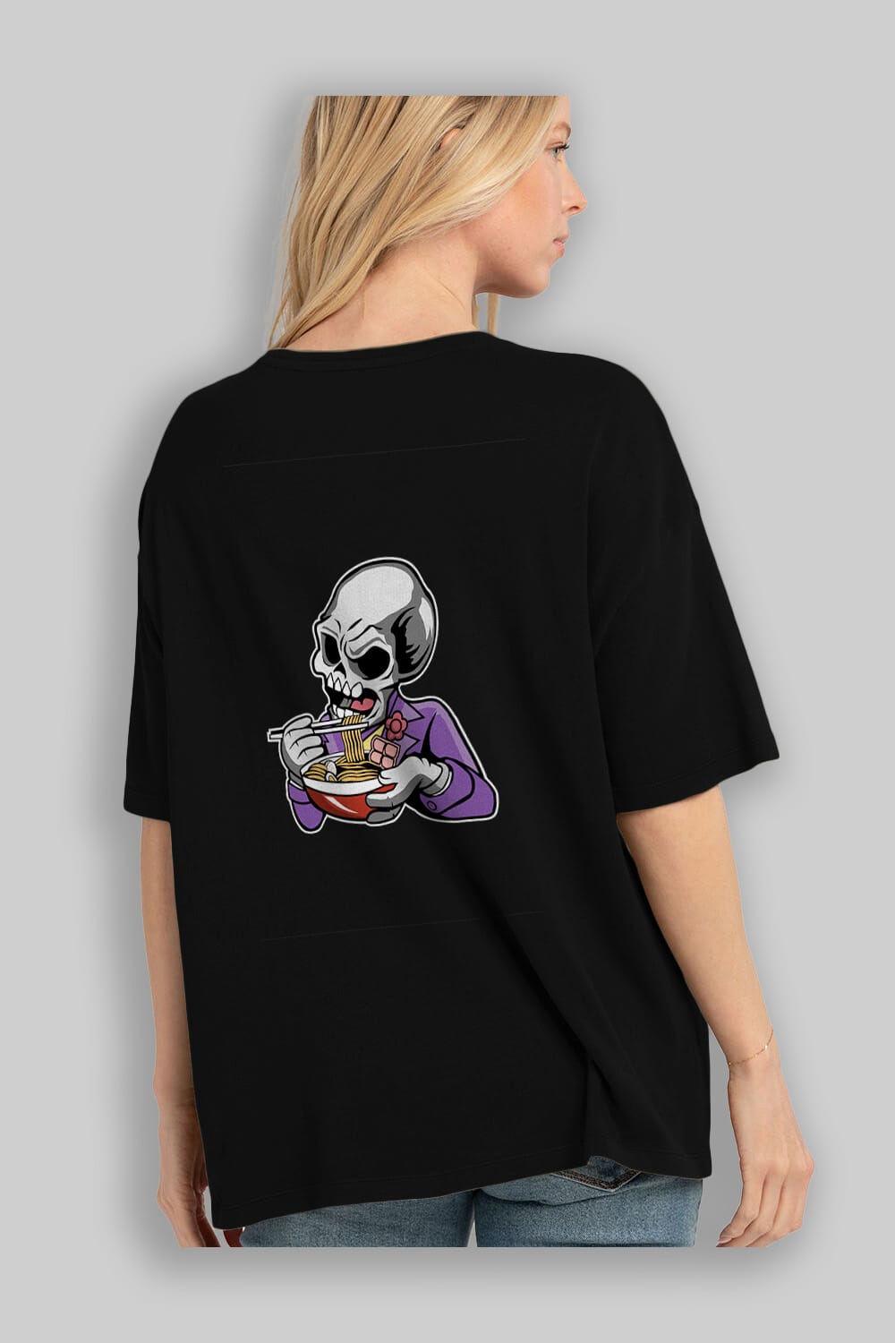 Skull Ramen Arka Baskılı Oversize t-shirt Erkek Kadın Unisex %100 Pamuk tişort