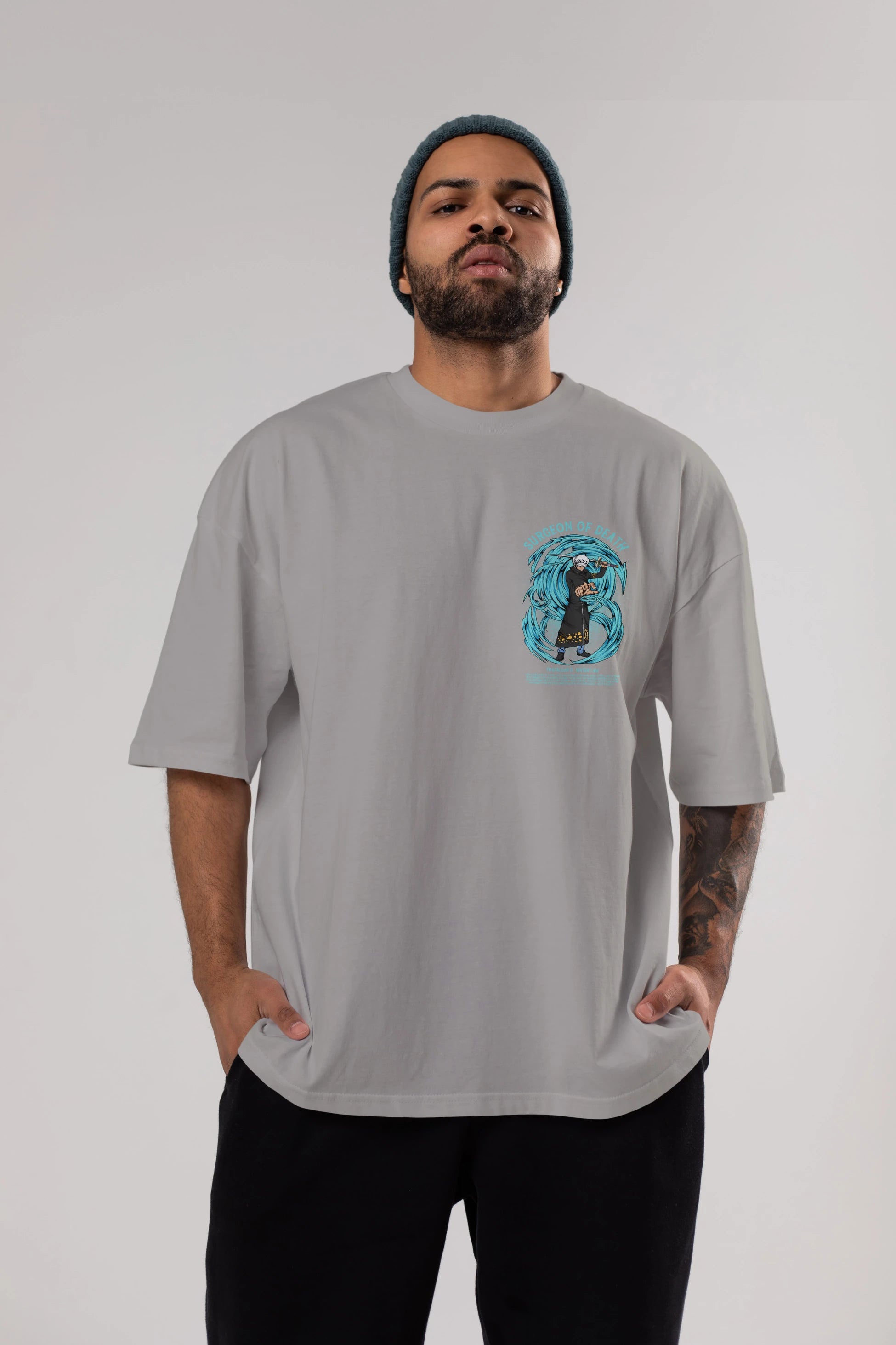 Trafalgad D. Water Law Ön Sol Baskılı Oversize t-shirt Erkek Kadın Unisex %100 Pamuk Bisiklet Yaka tişort