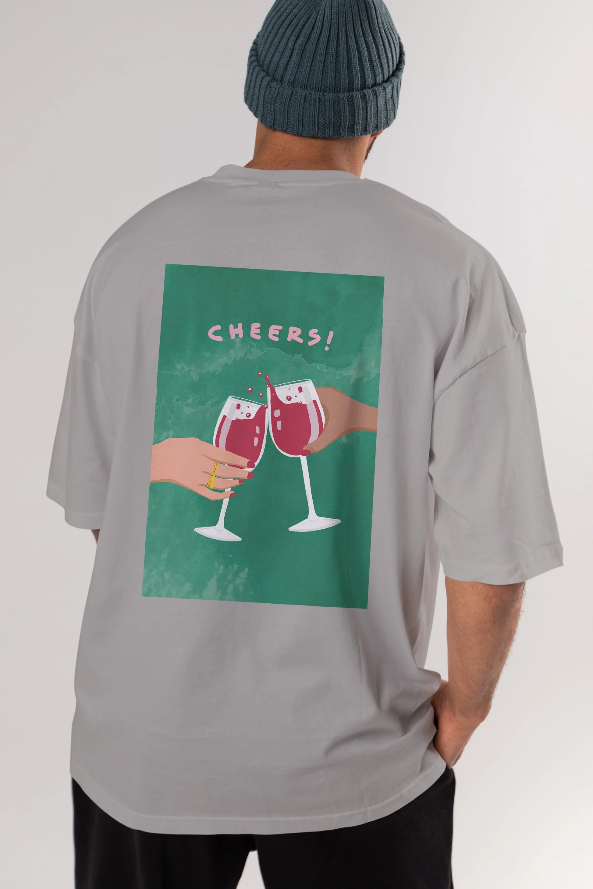 Cheers Arka Baskılı Oversize t-shirt Erkek Kadın Unisex %100 Pamuk Bisiklet Yaka tişort