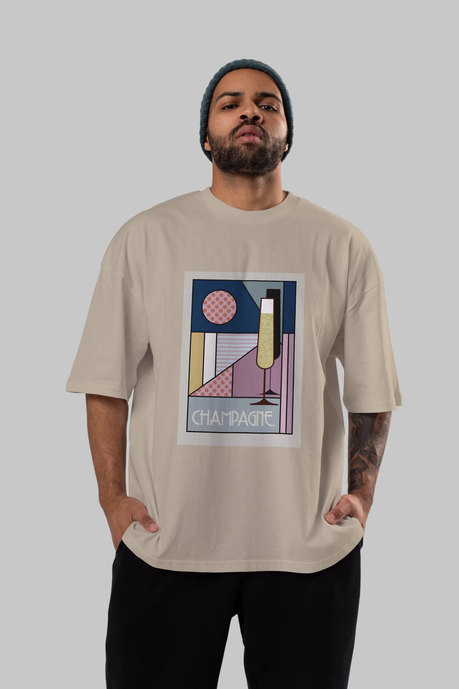 Champagne Ön Baskılı Oversize t-shirt Erkek Kadın Unisex %100 Pamuk Bisiklet Yaka tişort