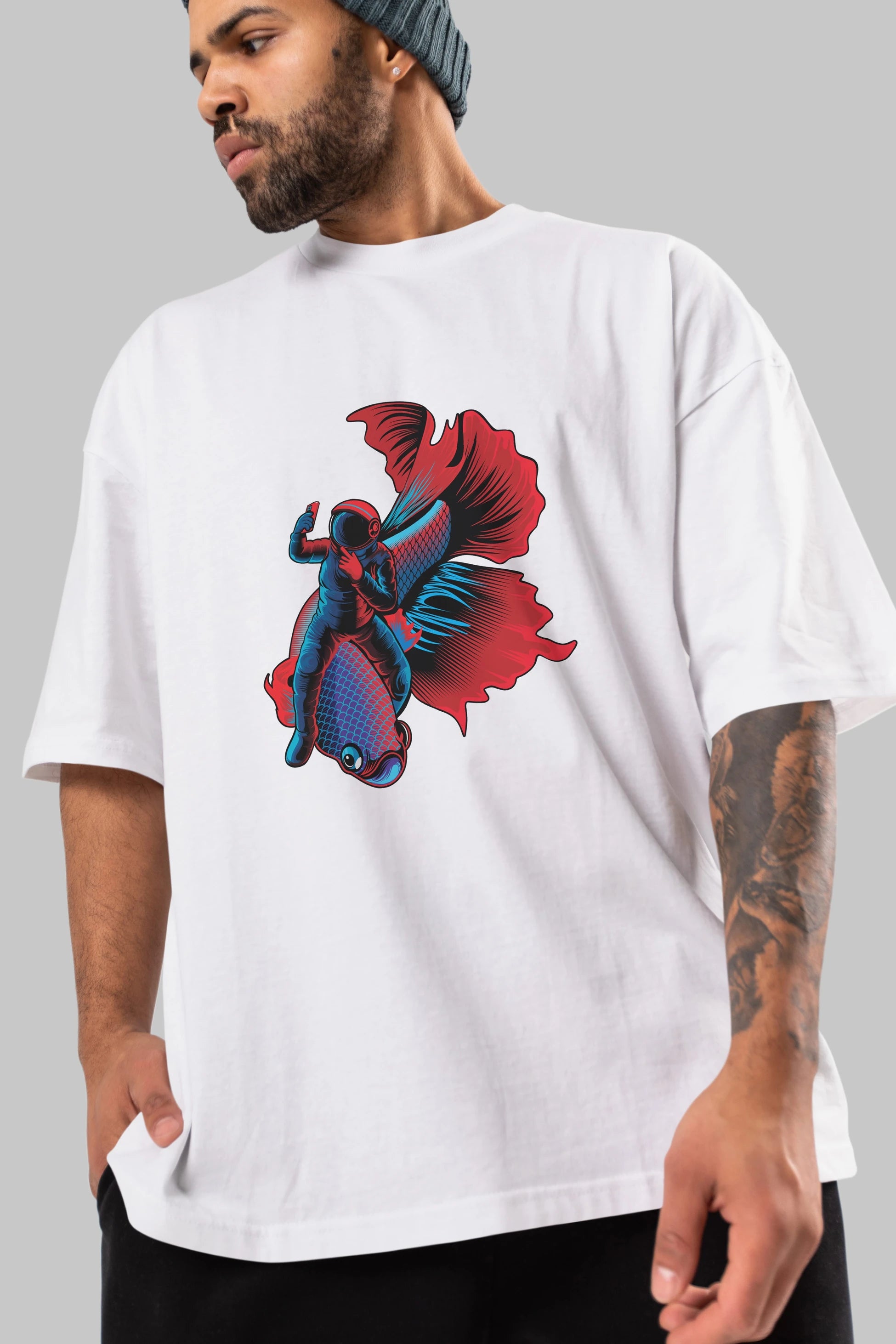 Astrofish selfie Ön Baskılı Oversize t-shirt Erkek Kadın Unisex