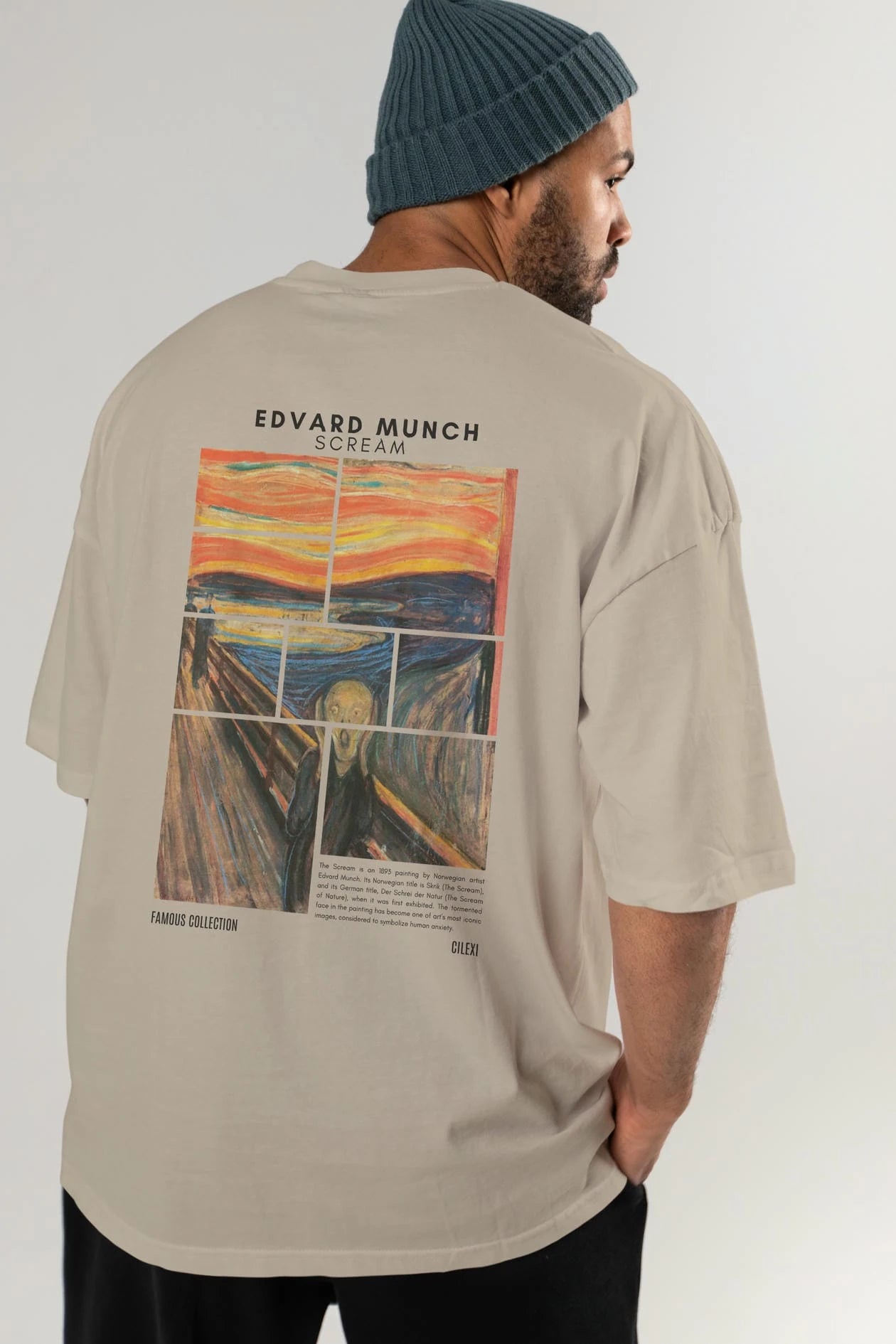 Edvard Munch Scream Arka Baskılı Oversize t-shirt Erkek Kadın Bisiklet Yaka Pamuk tişort