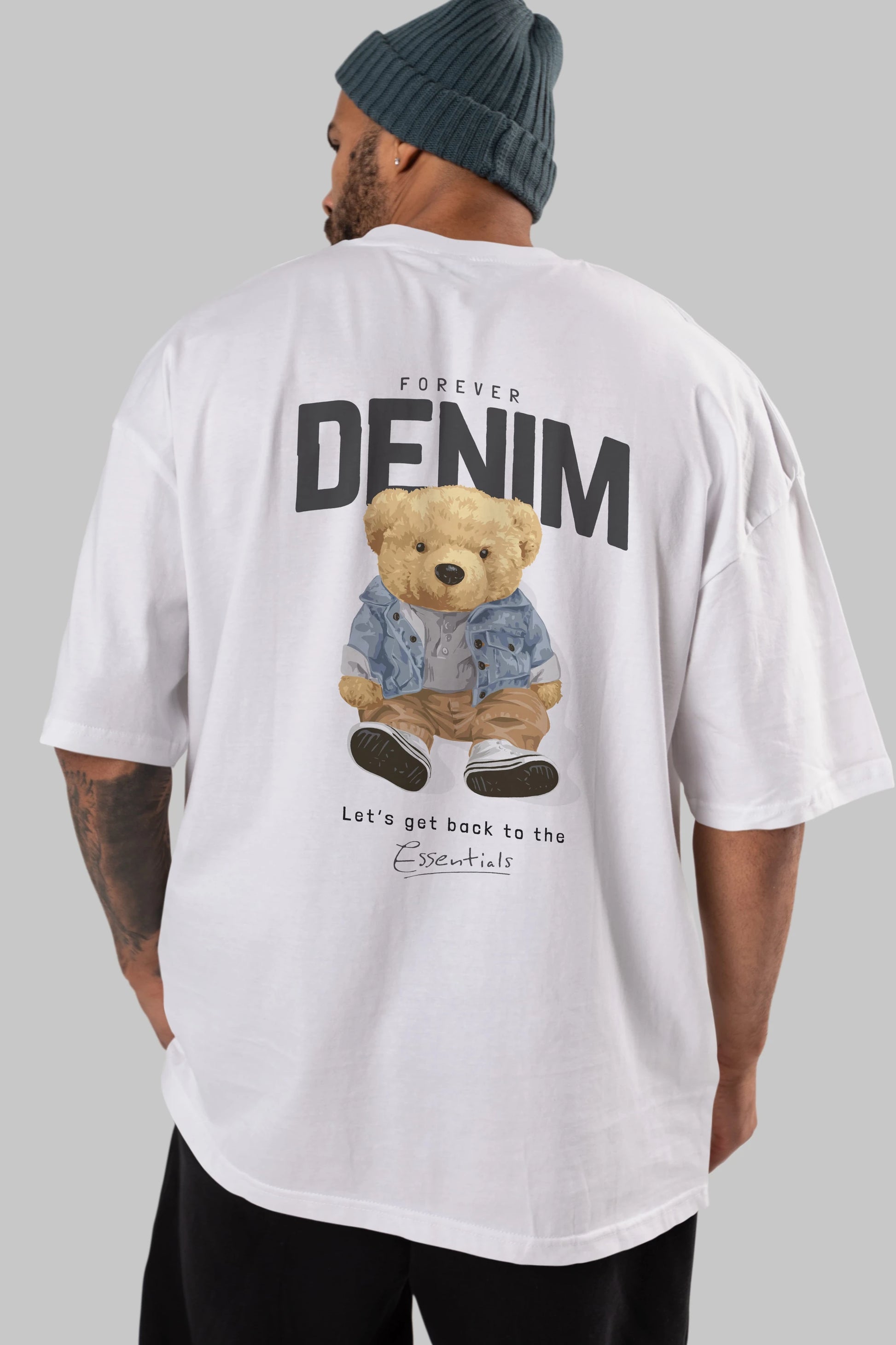Teddy Bear Forever Denim Arka Baskılı Oversize t-shirt Erkek Kadın Unisex %100 Pamuk