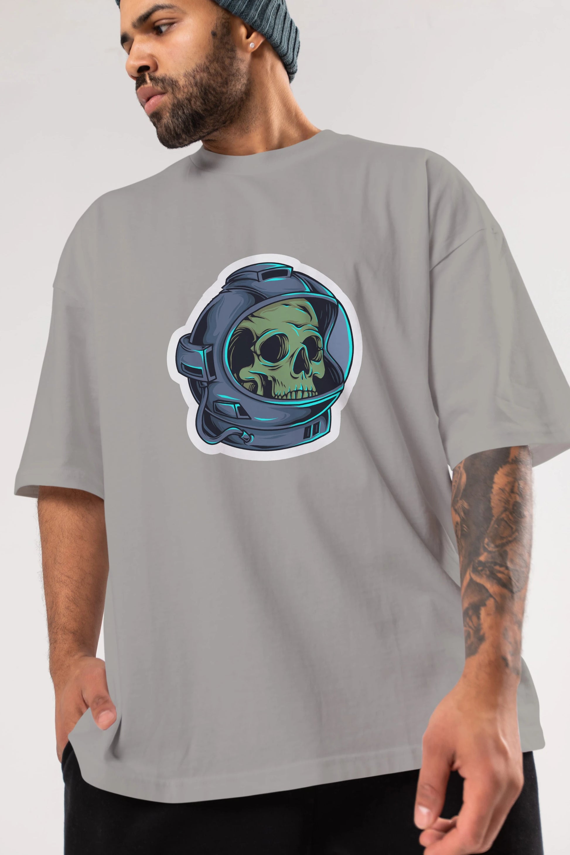 Astroskull Sticker Ön Baskılı Oversize t-shirt Erkek Kadın Unisex