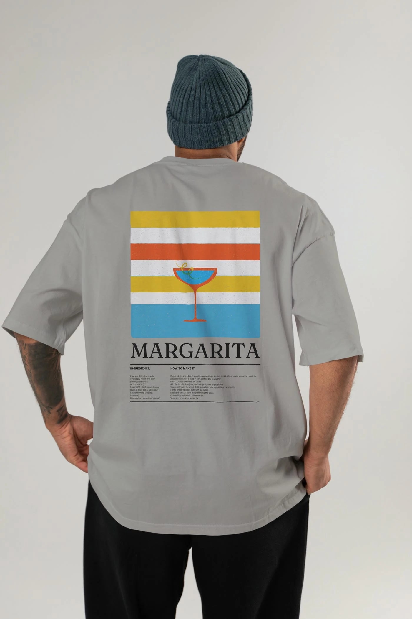 Margarita Kokteyl Serisi Arka Baskılı Oversize t-shirt Erkek Kadın %100 Pamuk Bisiklet Yaka tişort