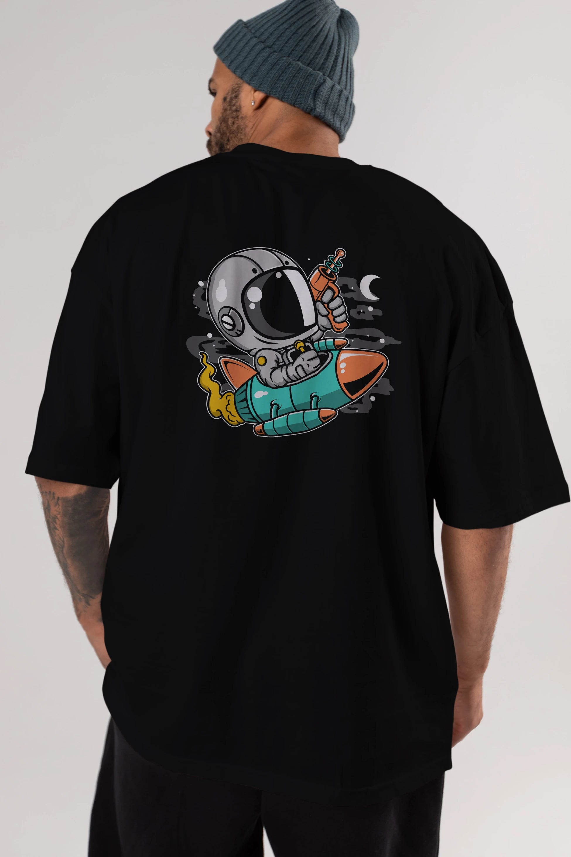 Astronaut Riding Rocket Arka Baskılı Oversize t-shirt Erkek Kadın Unisex