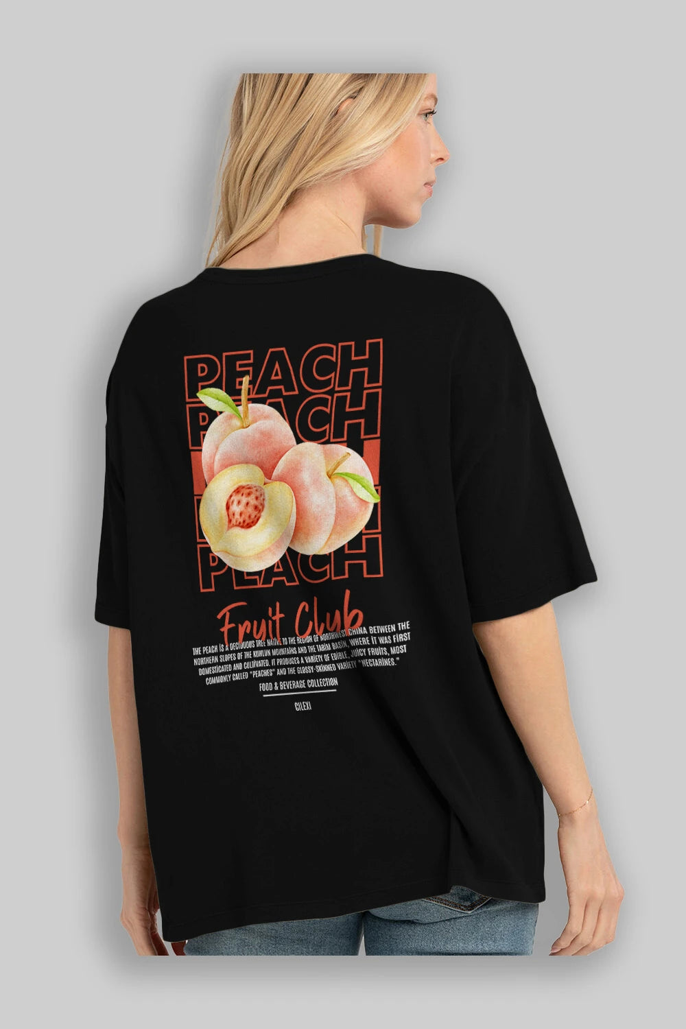 Peach Arka Baskılı Oversize t-shirt Erkek Kadın Pamuk Bisiklet Yaka tişort