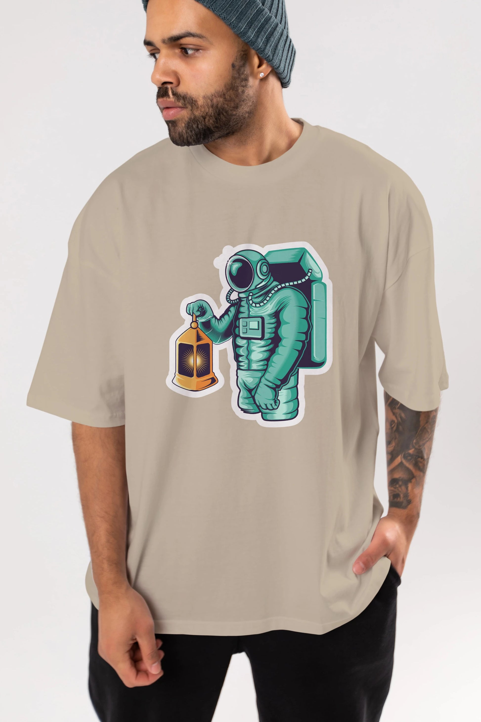 Astronaut Lantern Sticker Ön Baskılı Oversize t-shirt Erkek Kadın Unisex