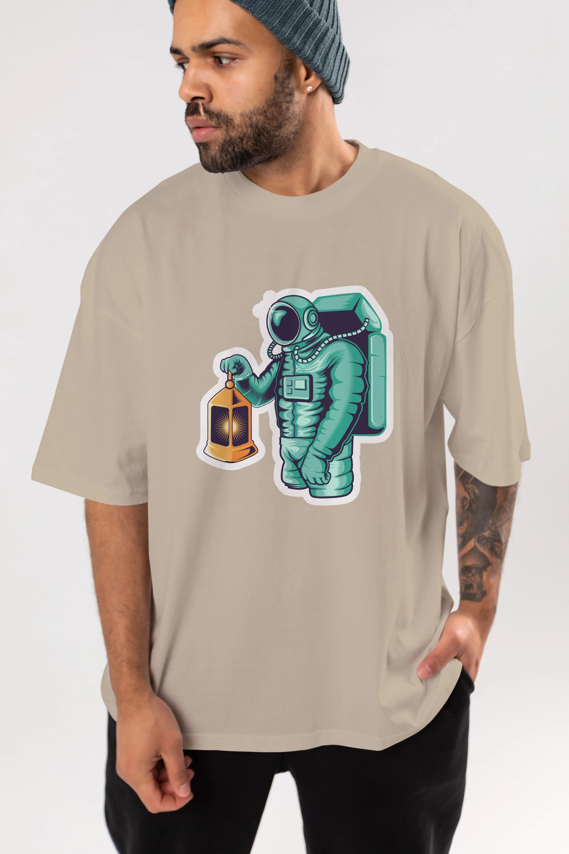 Astronaut Lantern Sticker Ön Baskılı Oversize t-shirt Erkek Kadın Unisex