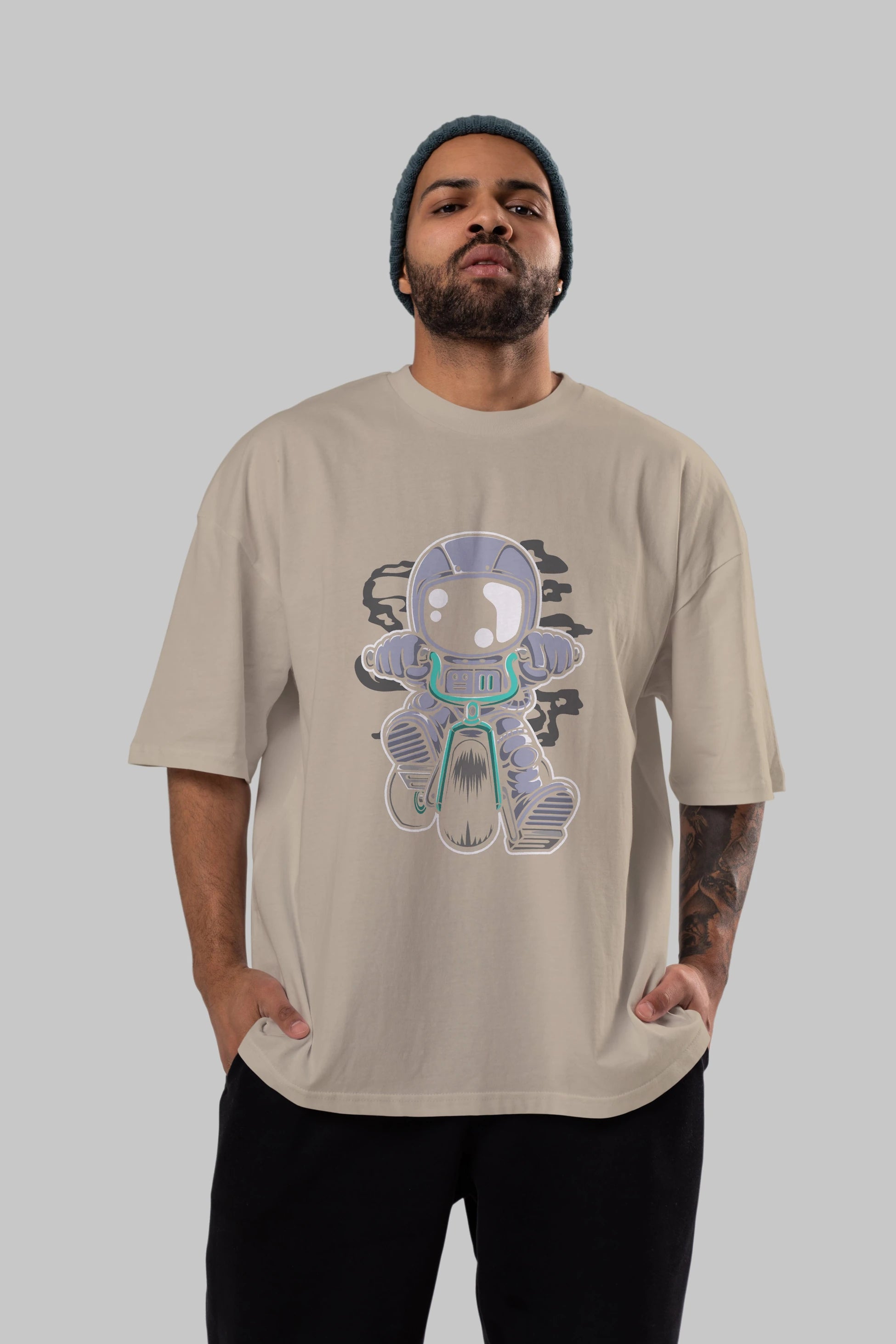 Astronaut Biker Ön Baskılı Oversize t-shirt Erkek Kadın Unisex