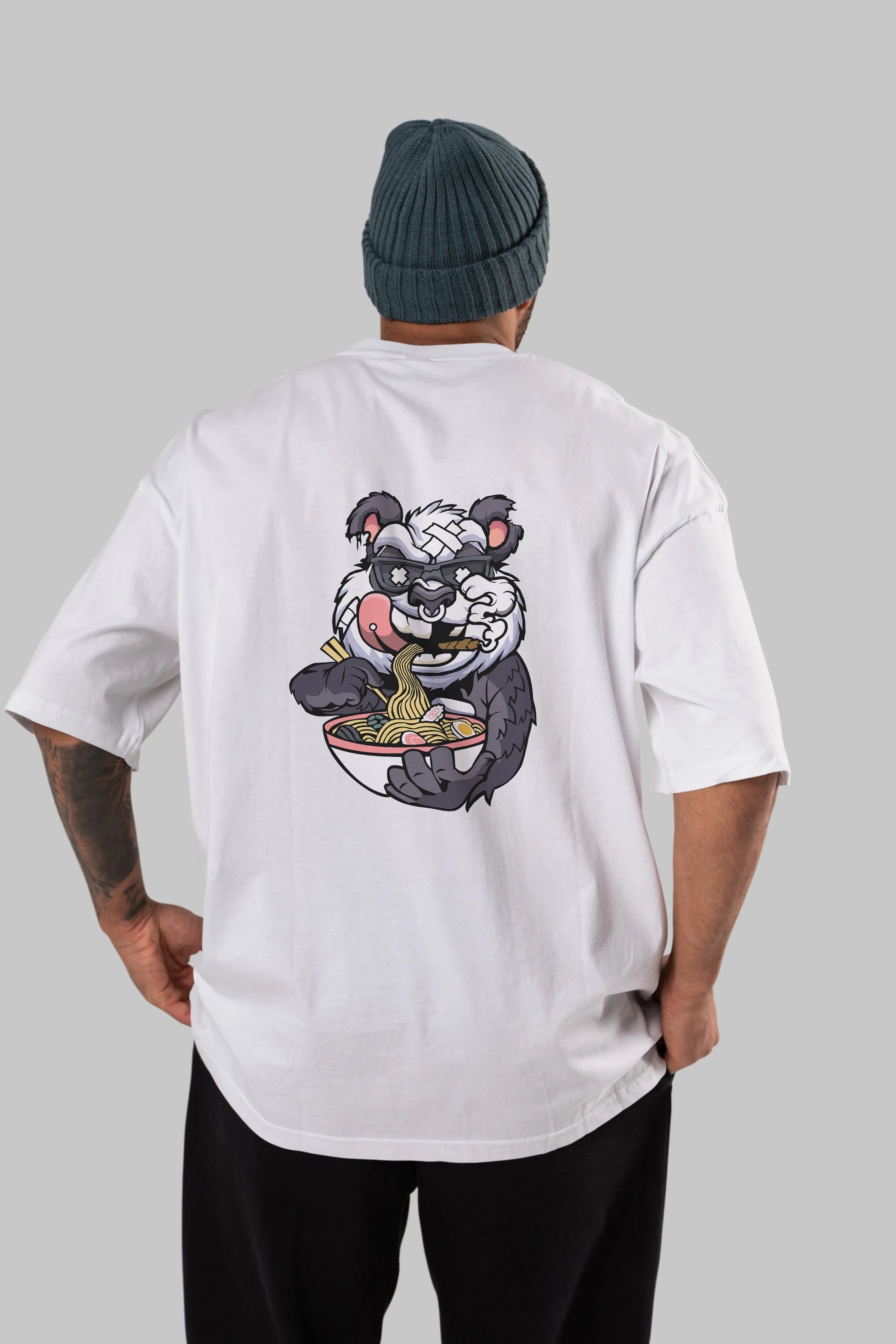 Panda Ramen Arka Baskılı Oversize t-shirt Erkek Kadın Unisex %100 Pamuk tişort